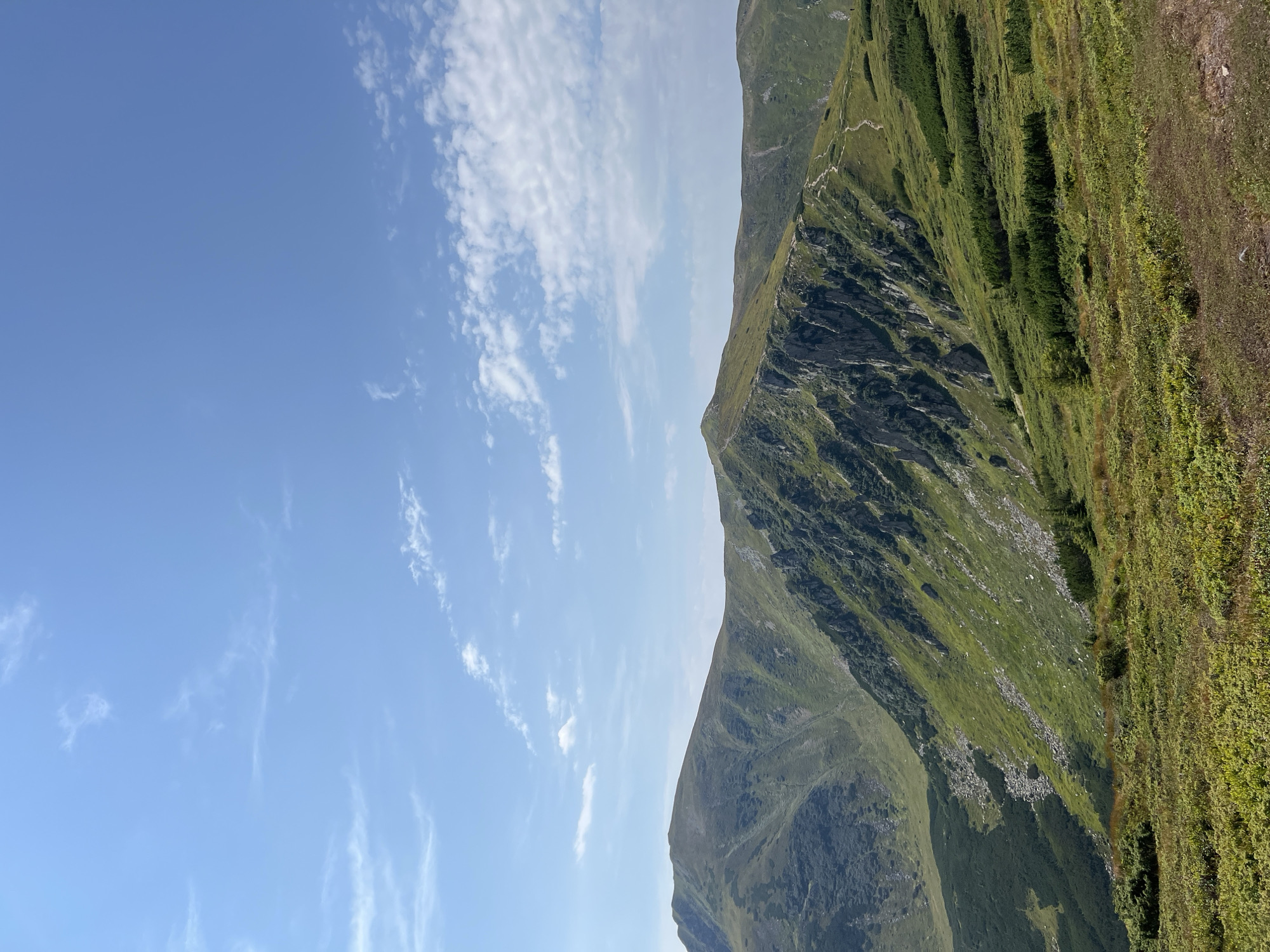 The image shows a vast, mountainous landscape under a bright blue sky with scattered white clouds. The foreground is covered in lush green and brown vegetation, appearing as rolling hills. In the middle ground, steep, rocky mountain slopes rise, covered in patches of green grass and sparse trees. A winding path is visible traversing the side of one of these mountains. The background features more rolling mountain ranges stretching into the distance. The scene depicts a natural, outdoor environment, likely a hiking trail in a mountainous region. This view is characteristic of the Carpathian Mountains, which are near the town of Vorokhta, Ukraine.