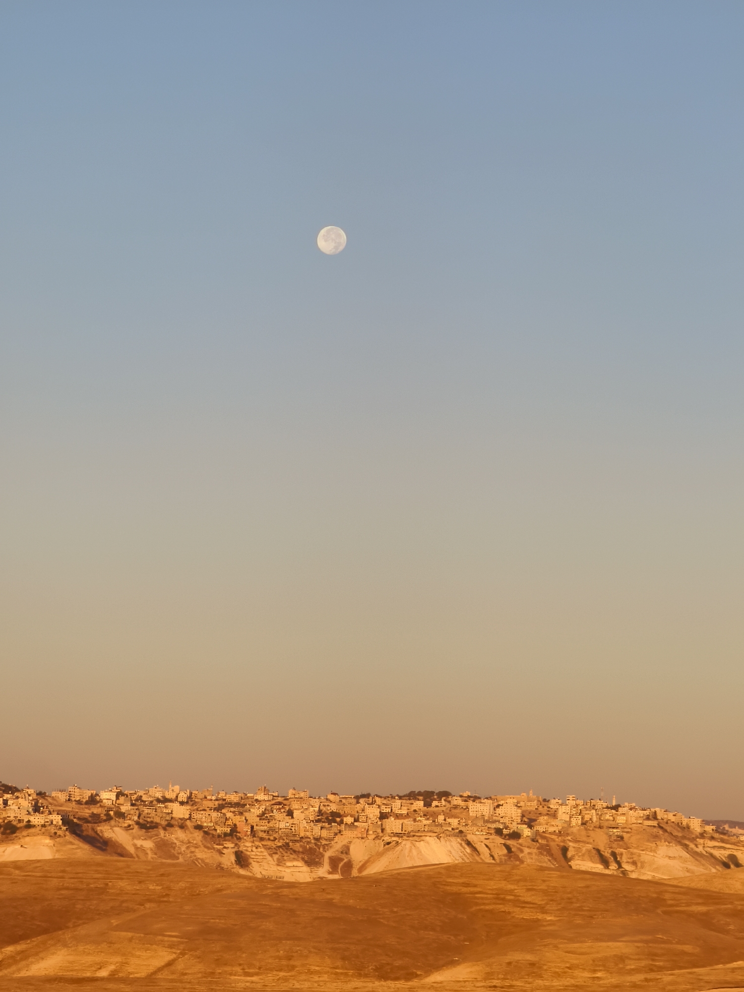 An eye-level, vertical, long-shot photograph captures a panoramic view of the Palestinian Territories, likely in the region of Hebron, under a clear sky. The upper portion of the image is dominated by a soft, gradient sky transitioning from a pale blue at the top to a warm, golden hue closer to the horizon. A pale, full moon is visible in the upper left quadrant, set against the blue sky.
Below the sky, a hillside town is perched on a ridge. The structures are tightly packed and constructed from a pale, stone-like material, giving them a uniform appearance. Dominating the foreground and mid-ground is a vast, arid landscape characterized by rolling hills of dry, ochre-colored earth. The textures of the land suggest a desert or semi-arid environment, with subtle variations in light and shadow highlighting the undulating terrain. The overall impression is one of serene, remote beauty, illuminated by the gentle light of what appears to be either dawn or dusk. There are no people or active elements visible in the scene.