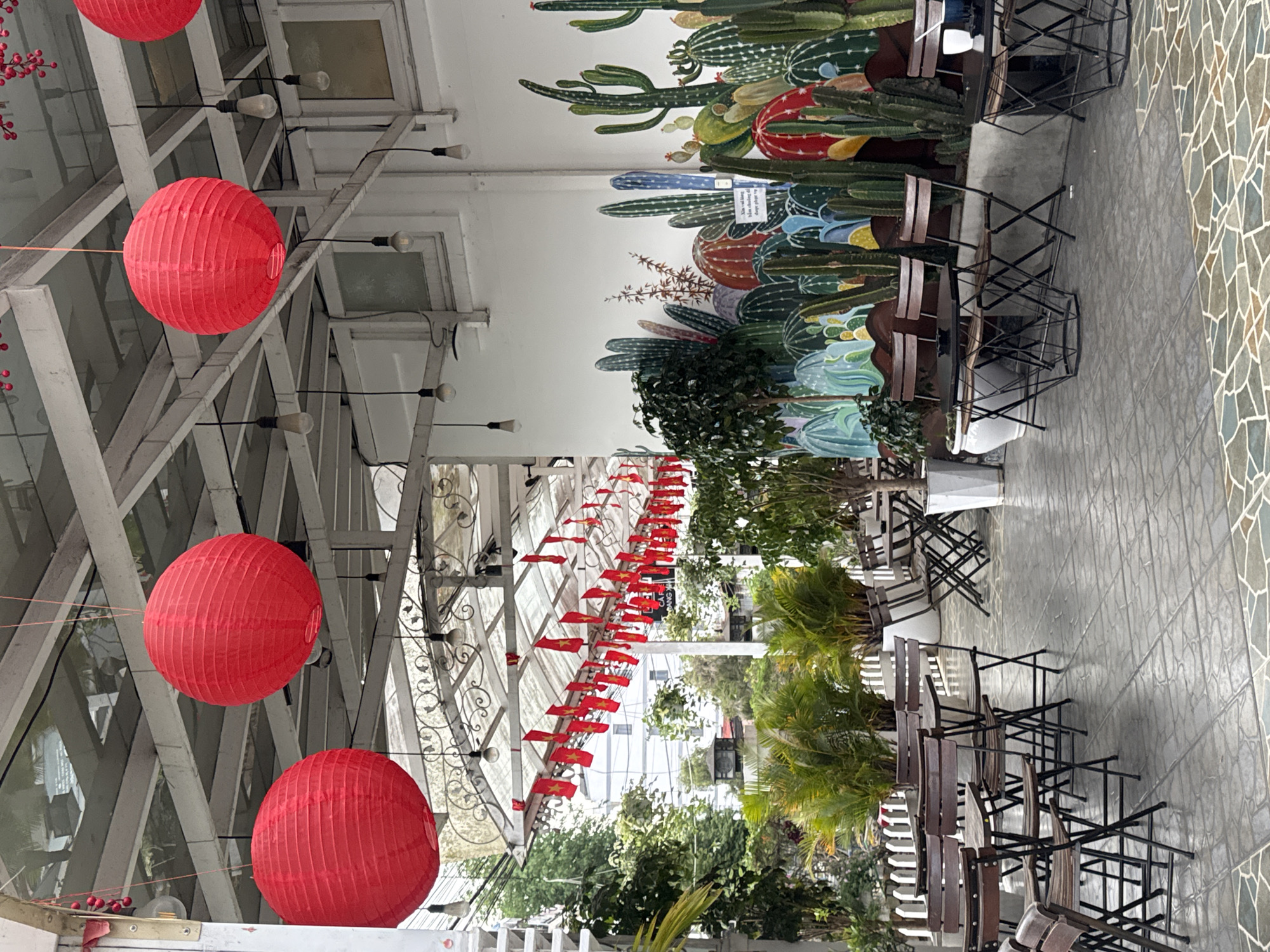 The image shows the interior of a building in Xuân Hương - Đà Lạt, Vietnam. The area is decorated with red spherical lanterns hanging from a white metal framework ceiling. There are also many small Vietnamese flags suspended from the same framework. Alongside one wall is a painted mural of various cacti. Folding chairs and small tables are arranged in rows near potted green plants. The floor is covered in patterned tiles.