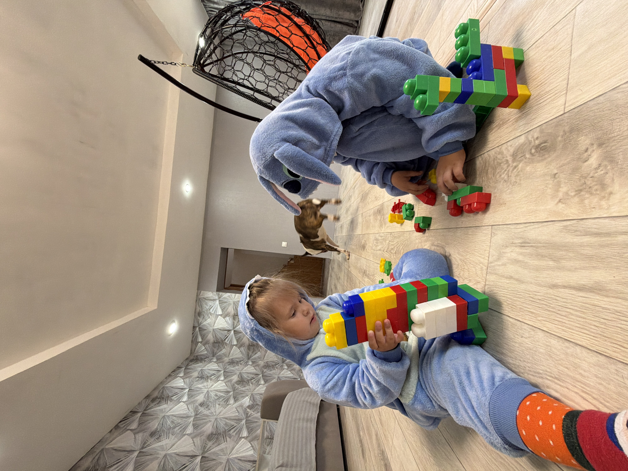 Two children wearing blue animal onesies are playing with colorful building blocks on a light-colored wooden floor. One child is lying down with colorful socks, holding a block structure, while the other is sitting and manipulating blocks. A cat is seen in the background, seemingly in motion. A hanging chair is visible in the upper left corner of the frame. The location appears to be indoors, possibly a living room or playroom.