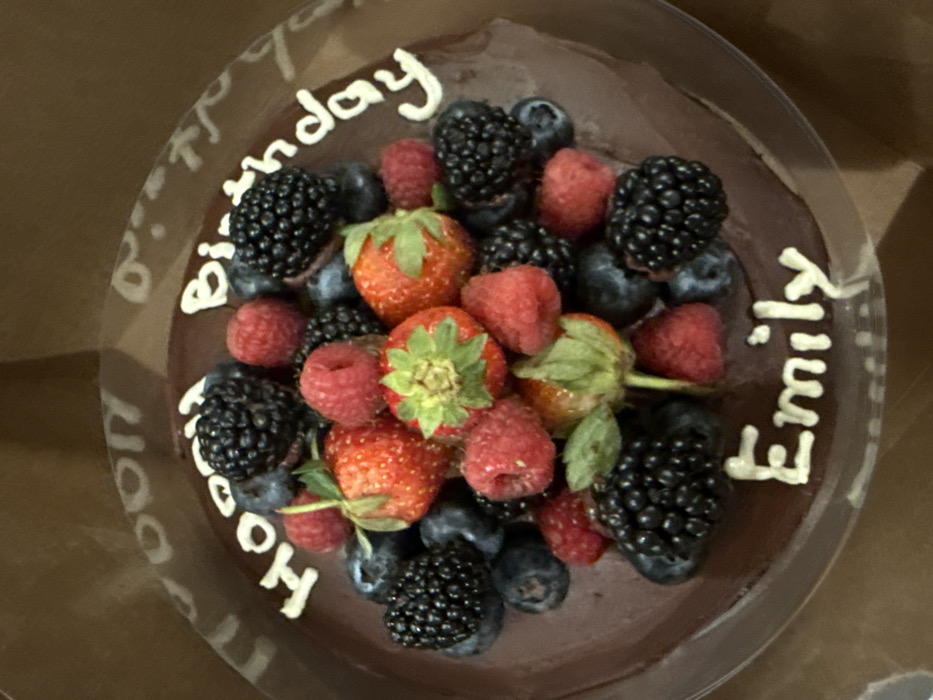 A close-up, top-down view depicts a round chocolate cake adorned with a variety of fresh berries. The cake's dark brown surface is topped with a dense cluster of red strawberries, bright red raspberries, dark blackberries, and blueberries. White icing pipes the partial inscription "Happy Birthday" along the top curve and "Emily" along the bottom curve of the visible cake area. The cake is contained within a clear, fluted plastic dome or container, which sits inside a larger, blurred brown cardboard box. No people, actions, or interactions are visible. The specific location within the city of Dubai, United Arab Emirates, cannot be determined from the visual information provided in the image.