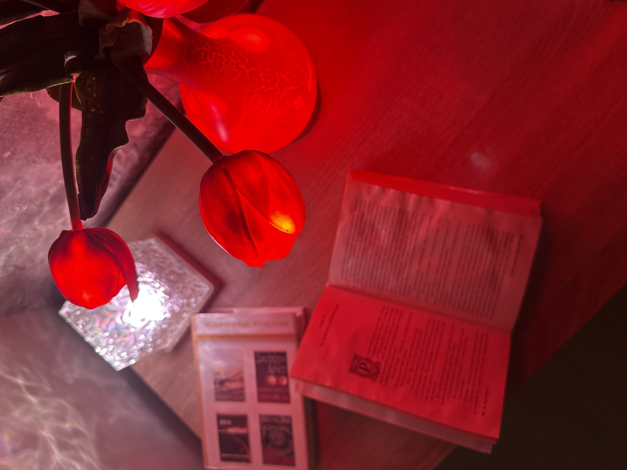 The image presents a still life composition dominated by a strong red light source, likely indoors at night or evening. The primary subjects are several artificial flowers, resembling red tulips, arranged with visible green stems and leaves. These flowers appear to be internally lit, casting a vibrant red glow.
On a surface, likely a wooden table, an open book rests, its pages illuminated by the red light, giving them a reddish hue. Lines of text are visible on both pages, though too blurry and distant to be deciphered. A small, dark emblem, possibly a stylized "P" within a crest, can be seen at the bottom of the right-hand page.
Next to the book, a rectangular object, possibly a box or another book, displays four smaller images on its surface, each resembling a miniature book cover. Any text or details on these images are indistinct.
Further to the left, beneath one of the glowing red flowers, sits a translucent, textured, square-shaped object, possibly a glass block or a decorative light. This object emits its own bright, sparkling white light, which creates intricate, shimmering patterns on the surrounding table surface. The overall ambiance created by the deep red lighting is warm and potentially intimate or dramatic. No people are present, and no specific activity beyond the implied act of reading is evident.