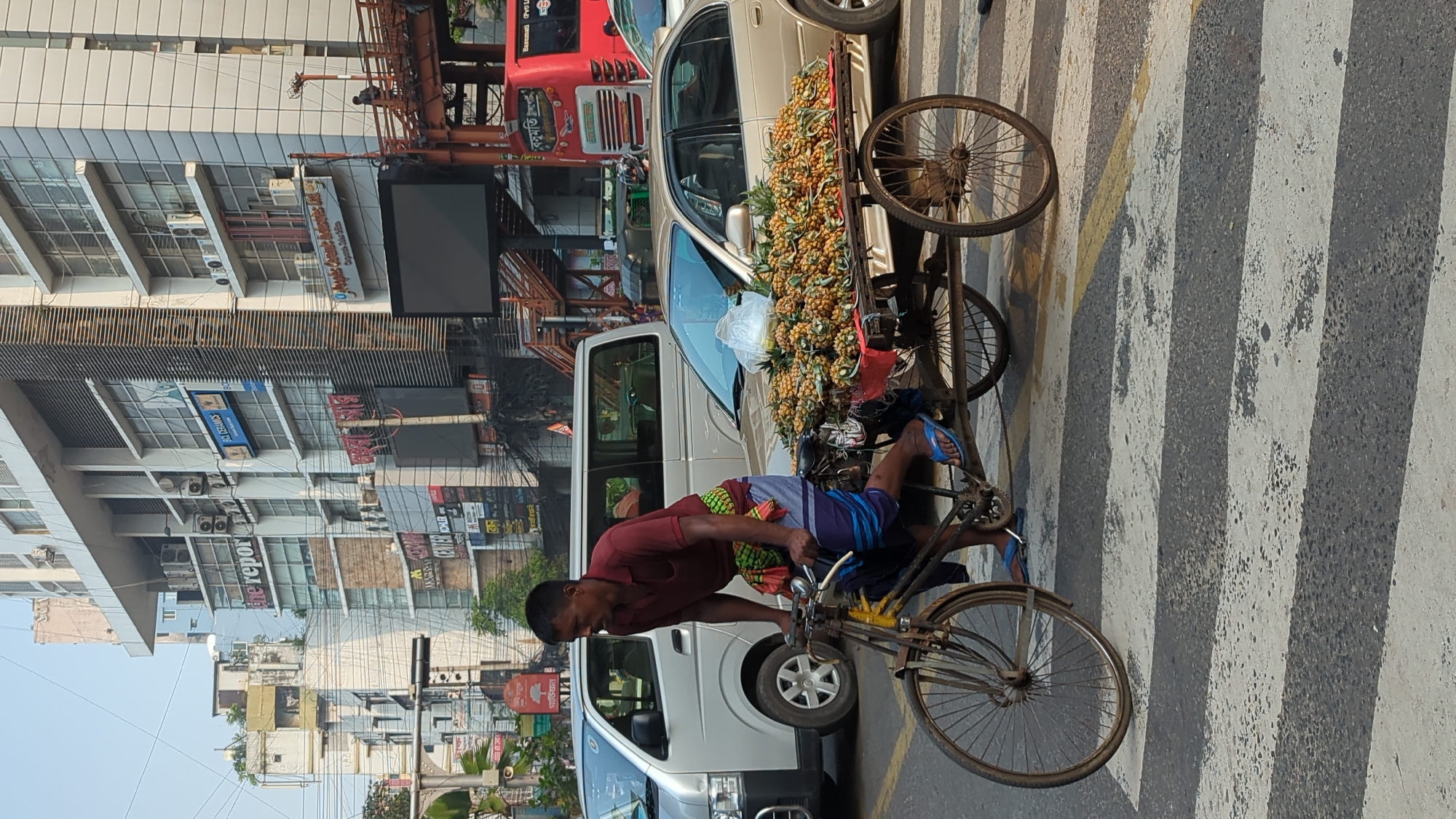 An image of a man pedaling a bicycle cart loaded with pineapples in Dhaka, Bangladesh.
The man is wearing a maroon shirt, striped shorts, and blue sandals. He is bent over the handlebars of the bicycle, pedaling forward. The cart attached to the bicycle is piled high with small pineapples. Several vehicles are visible around the bicycle, including cars and a red bus. The background features buildings, signs, and overhead cables characteristic of a busy urban environment. The bicycle is on a zebra crossing.