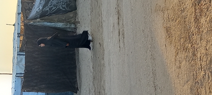 A young female, appearing to be in her late teens or early twenties, walks from left to right across a compacted dirt and sand ground. She is dressed in a full-length black abaya and a black hijab, with white sneakers visible beneath the abaya. Her profile is visible, eyes directed forward. Behind her stand several makeshift shelters constructed from a combination of light-colored tarpaulins, some with blue stripes, and darker, possibly patterned, fabrics and tarps. These structures form an informal encampment. The sky above is clear, transitioning from light blue to a pale yellow hue, indicating an outdoor, daytime scene in Khan Yunis, Palestinian Territory. The ground shows various tire tracks and footprints.