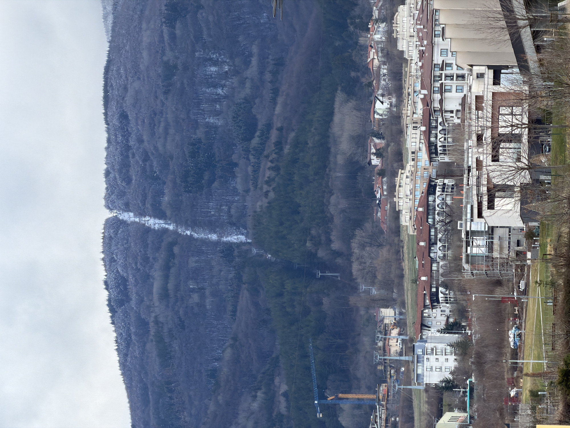 This image presents a panoramic view of the urban periphery of Sofia, Bulgaria, situated at the base of Vitosha Mountain, under an overcast sky.
The background features a large, densely forested mountain, identified as Vitosha. The upper slopes and scattered tree patches are dusted with snow. A prominent, wide, treeless ski run, partially covered in snow, descends from near the mountain's summit. Numerous ski lift towers are observable along this snowy path, extending down into the tree line. Additional, smaller groups of ski lift towers or support structures are visible at lower elevations within the forested areas.
The mid-ground and foreground display a developed urban landscape comprising numerous multi-story buildings. These structures exhibit varied architectural styles, including modern white buildings with multiple balconies and extensive glazing, as well as older buildings characterized by red tile roofs and arched features. Active construction is indicated by a tall, blue and orange tower crane in the mid-left, its boom extending horizontally over residential buildings. Another multi-story building in the mid-right foreground is visibly under construction, featuring scaffolding around its exterior. Interspersed among the buildings are patches of dry, brown vegetation and bare deciduous trees. Several grey, modern pylons or support structures are present in grassy areas, suggesting infrastructure elements. A blue and white bus is partially visible on an unseen road in the mid-left. A dark-colored vehicle is discernible behind a fence in the near foreground. No individuals are clearly identifiable within the scene.