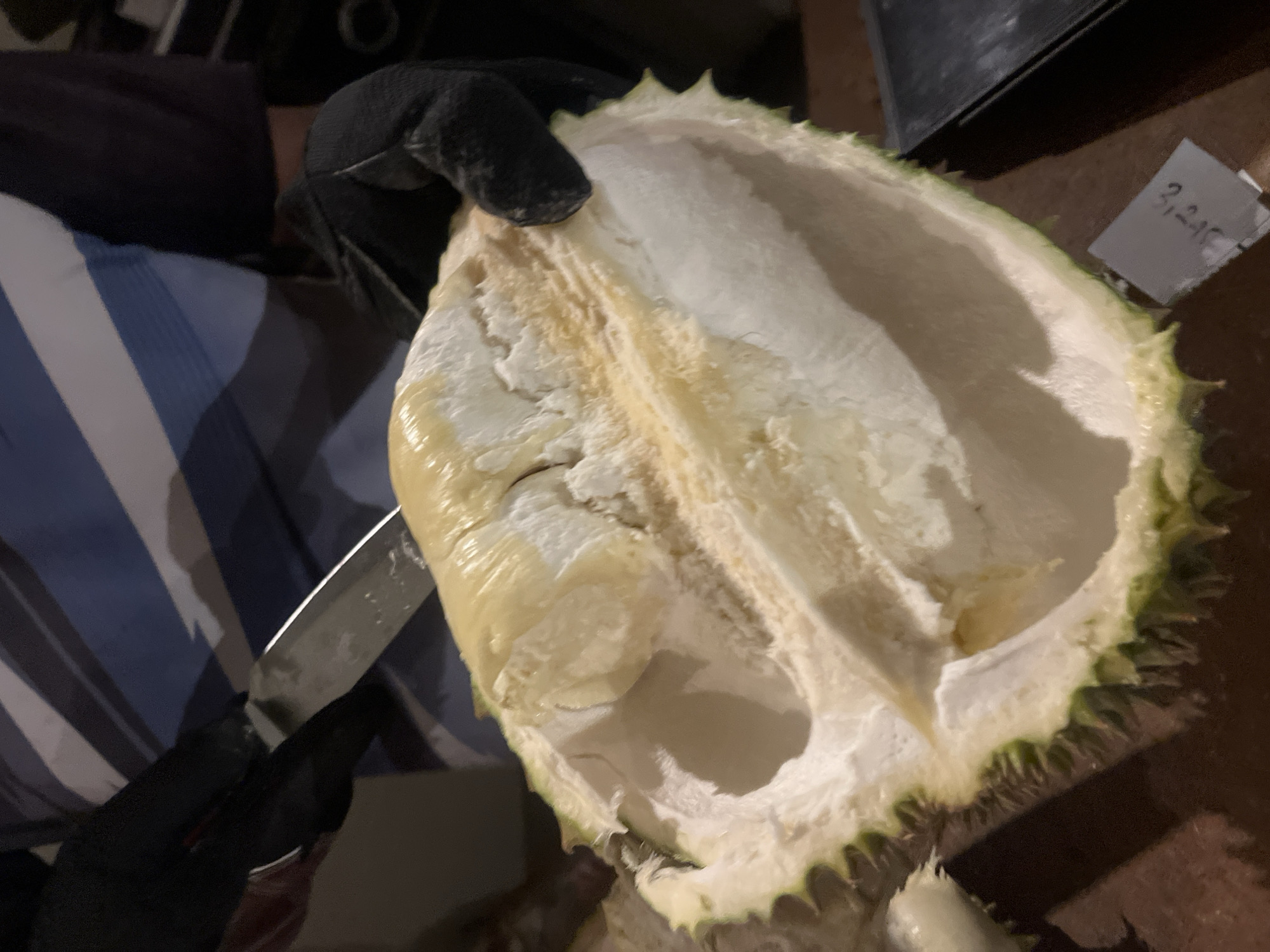 A person wearing black gloves is using a knife to open a durian fruit. The durian has a light green, spiky exterior and a creamy white interior. The scene appears to be indoors. A tag with "3.245" written on it is visible on the side. The location is implied to be Kuta Selatan, Indonesia.