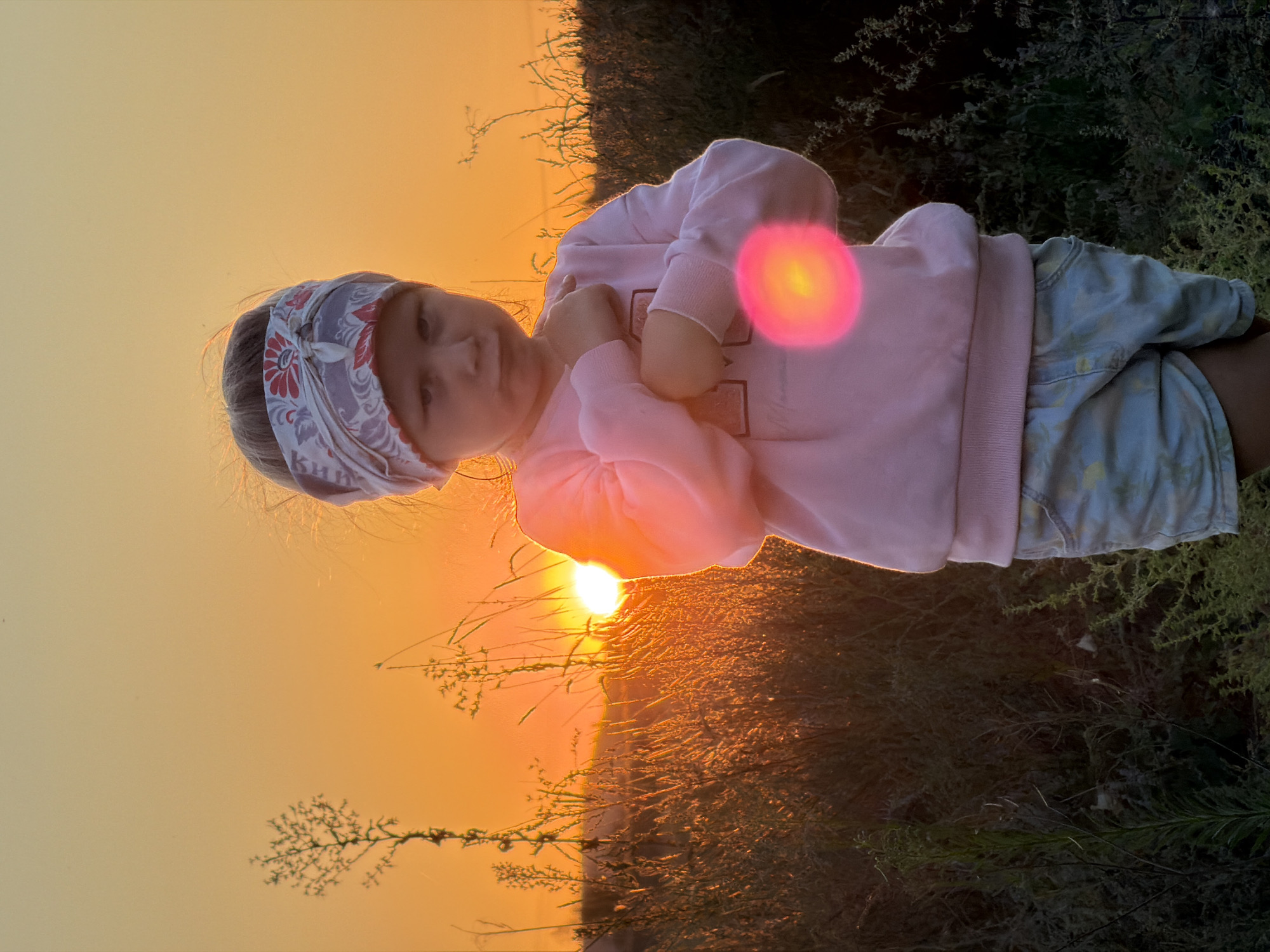 A low-angle, medium shot captures a young girl standing outdoors during sunset in Nizhnyaya Lipovka, Russia. The girl, wearing a pink sweatshirt and light-colored patterned shorts, has her arms crossed in front of her chest. She is looking directly at the camera with a slightly pouting expression. Her hair is partially covered by a patterned headband.
The background is dominated by the warm orange glow of the setting sun, which is visible as a bright orb peeking through tall grasses and dry vegetation. The setting sun casts a golden light on the scene, illuminating the dry plants in the foreground and creating a silhouette effect against the sky. A pinkish-orange orb of light is visible on the girl's left side, likely a lens flare. The environment appears to be a field or open area with dry, tall grasses and scattered bushes. The sky is a gradient of orange and yellow, typical of a sunset.