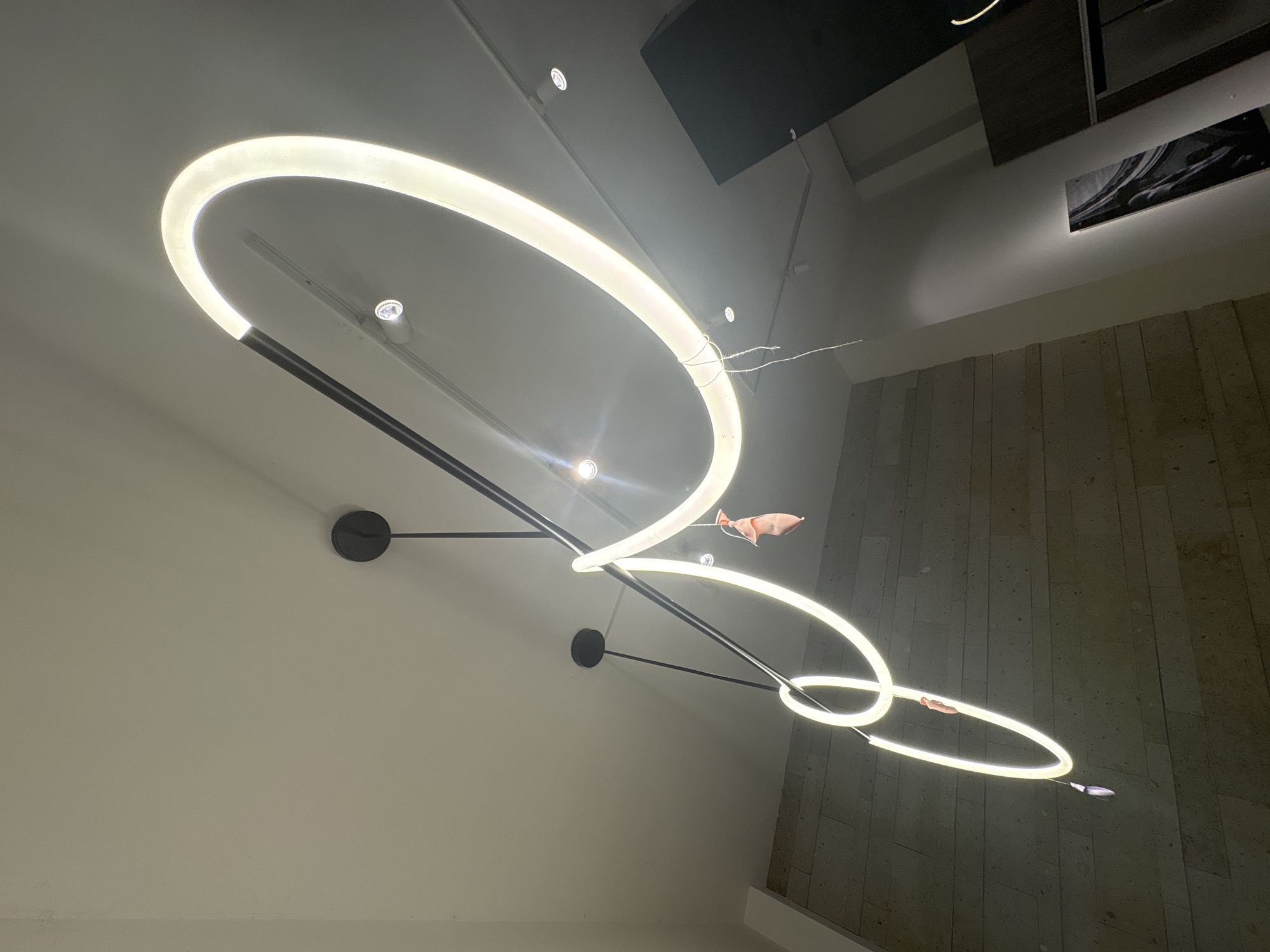 A modern ceiling light fixture with three intersecting illuminated rings is mounted on a white ceiling. The light fixture is supported by thin, dark metal rods connected to circular mounting plates. Small, pink or reddish objects are near two of the rings. The adjacent wall has a textured, stone-like appearance. Other ceiling fixtures and decorative elements are visible in the background. The location and city are not apparent from the image.