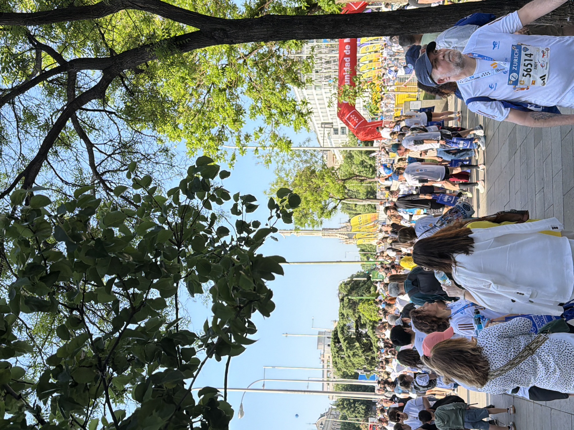 Here's a detailed description of the image:
**General Description:**
The image captures a large crowd of people gathered on a wide street, likely for an event such as a marathon or race. The scene is observed from a slightly elevated perspective, partially obscured by tree foliage in the foreground. The day appears bright and sunny.
**People:**
The crowd consists of a diverse group of individuals, including runners and spectators. Many participants are wearing white t-shirts, with racing bibs visible on some, indicating their participation in the event. Many spectators are shown wearing more colorful clothing.
**Subjects and Objects:**
1. **Street:** The wide street is lined with people on both sides.
2. **Marathon Start/Finish:** A starting/finish banner is visible near the center.
3. **Trees:** Trees are prominent on both sides of the street.
4. **Buildings:** There are buildings visible in the background.
5. **Other:** Light posts and banners are also visible.
**Actions and Interactions:**
The runners are either preparing for or have just completed the race. Spectators are standing along the sides of the street, observing and likely cheering on the participants.
**Environment:**
The scene appears to be in an urban environment. The clear blue sky and sunlit surroundings suggest it is a pleasant day. The scene has been determined to be located in Madrid, Spain by the "unidad de M" banner in the background, which is associated with the Madrid Marathon.