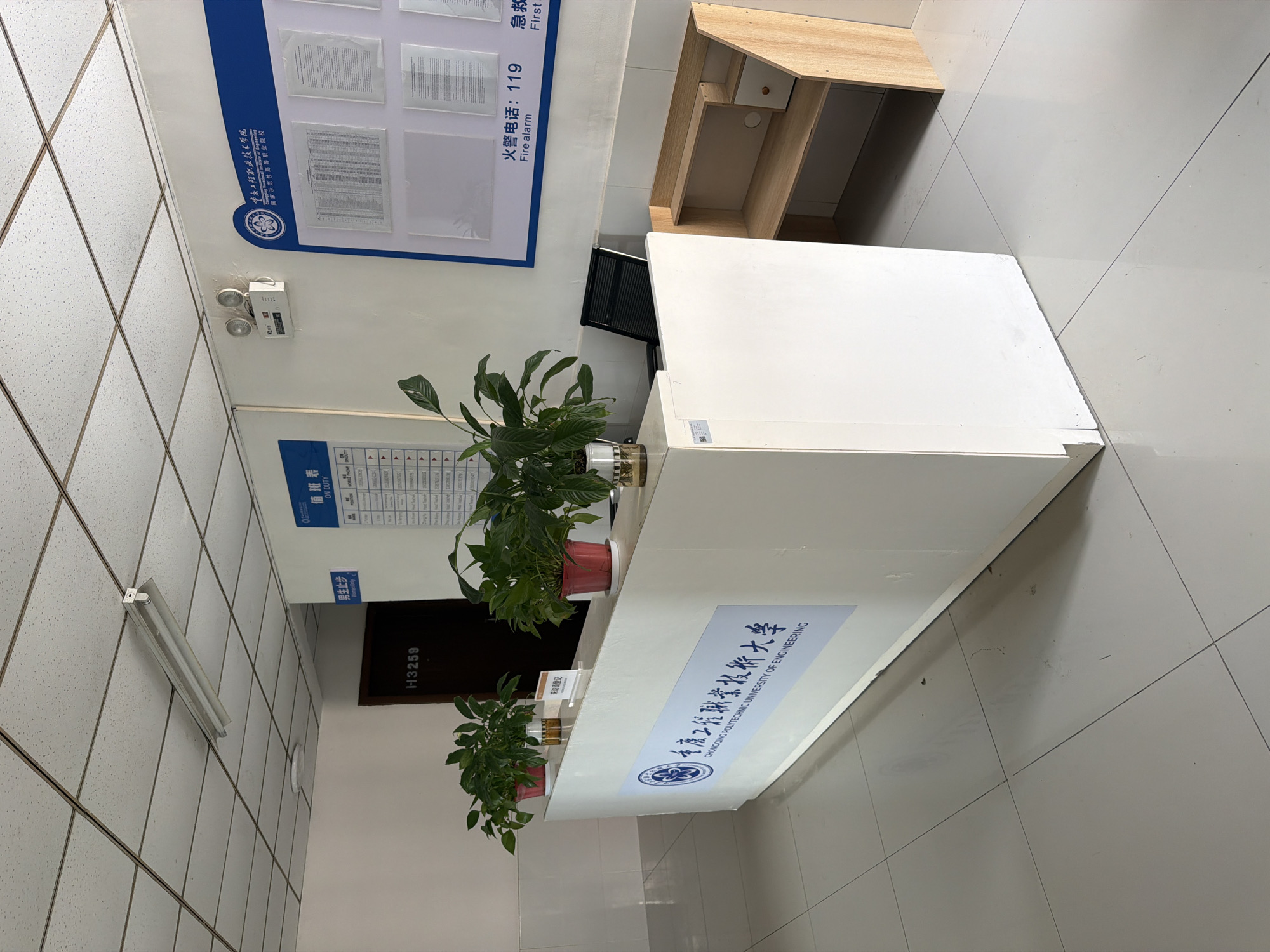 The image shows the interior of a reception area. In the foreground, a white reception desk is visible with a logo and text in Chinese and English that reads "CHONGQING POLYTECHNIC UNIVERSITY OF ENGINEERING". There are potted plants on the desk. A door with the label "H3259" is in the background to the left. To the right of the reception desk is a small wooden shelf unit with some boxes. The walls are painted white, and the ceiling is a standard drop ceiling with fluorescent lighting. A blue informational board with text in Chinese and English is mounted on the wall. This scene is located in the city of Jiangjin, China, specifically within the Chongqing Polytechnic University of Engineering.