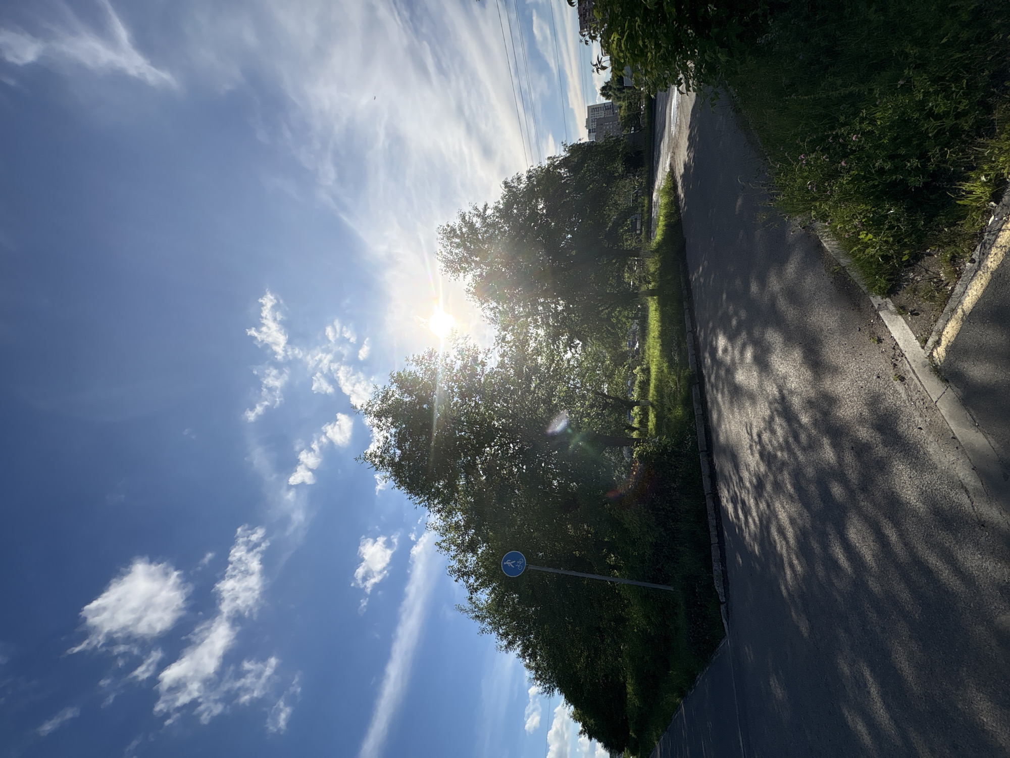 The image depicts an outdoor scene on a sunny day, with the sun's glare creating a lens flare effect. A paved pathway, possibly a sidewalk or bike path, runs diagonally across the right side of the frame. The path is bordered by lush green grass and trees on the left and a strip of vegetation with some small pink flowers on the right.
In the background, a tall, modern building can be seen peeking above the trees, suggesting an urban or suburban setting. A blue circular sign with a white silhouette of a cyclist is visible on a pole near the trees, indicating a cycling route. The sky is a vibrant blue, dotted with scattered white clouds, some of which are wispy and streaky, characteristic of fair weather. The overall impression is one of a pleasant, sunny day, likely during the warmer months given the greenery. The lighting suggests it is daytime, possibly late morning or early afternoon. No people are visible in the image. The provided location context places this scene in Izhevsk, Russia.