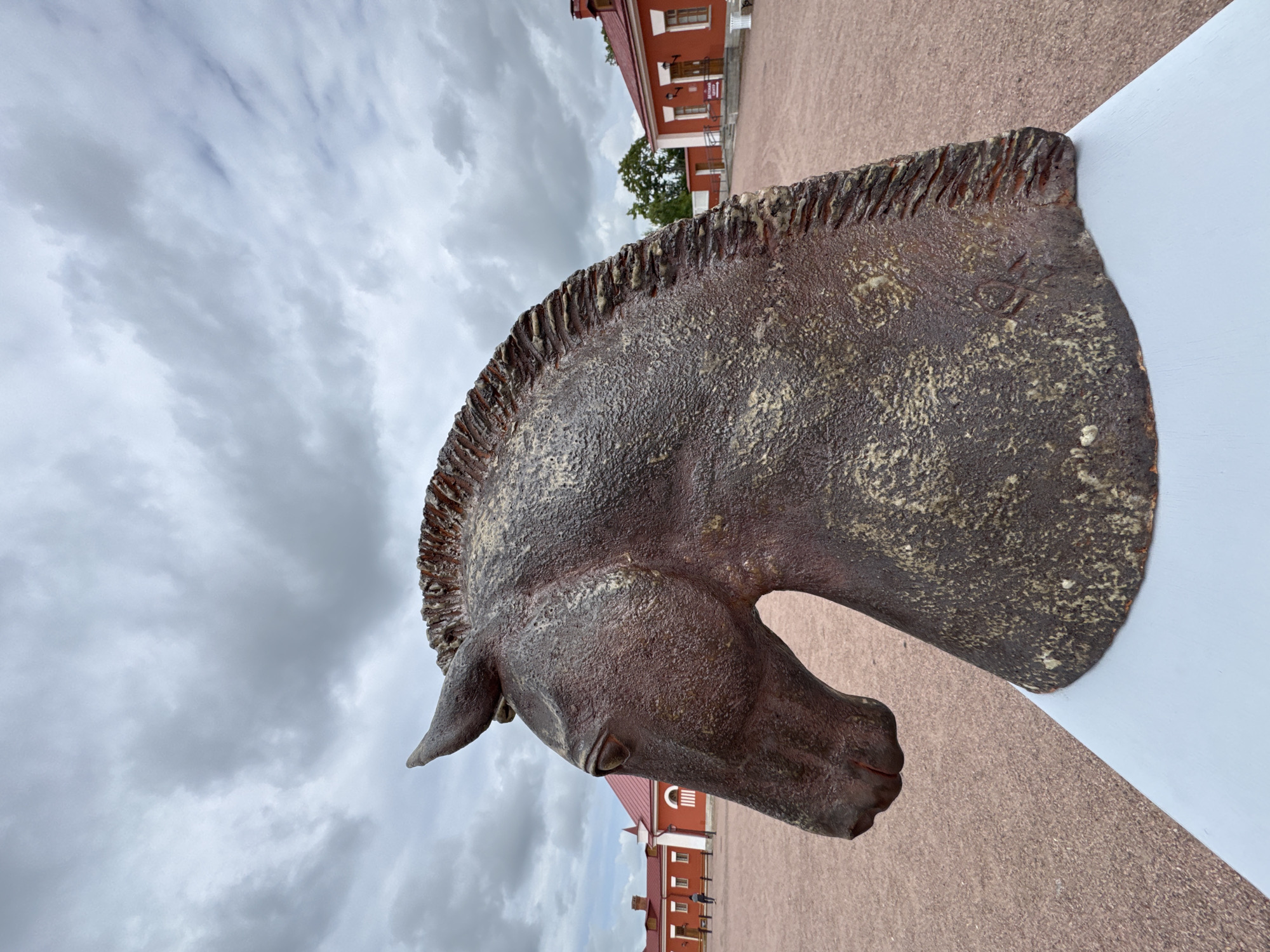 A close-up, low-angle shot shows the head of a textured, dark brown horse sculpture in the foreground, its eye visible and its mane rendered as rough, carved ridges. The sculpture rests on a light blue, angled platform. In the background, an outdoor courtyard with a gravel surface is visible, flanked by low, red buildings with white trim and red roofs. The sky above is overcast with a dramatic, cloudy sky. A single pedestrian is walking away from the camera near the buildings on the left side of the frame. This scene is located in the Pavlovsk Palace complex, a suburb of Pushkin, Russia.