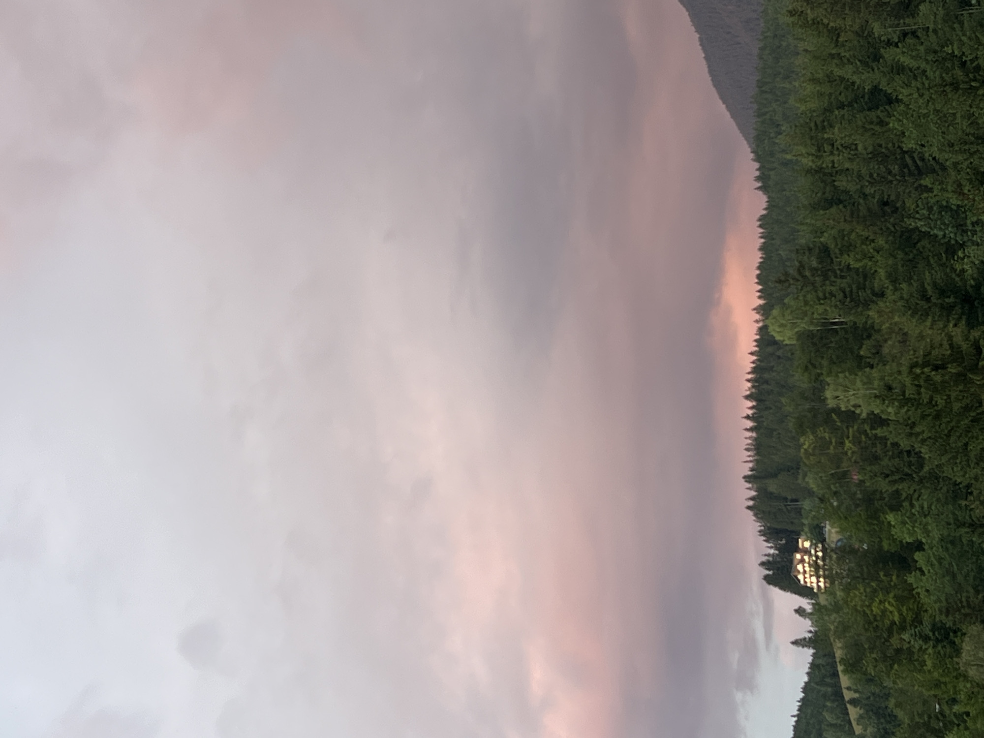 The image depicts a wide shot of a forest-covered hillside under a twilight sky. The sky is filled with a gradient of colors, transitioning from a pale pink and purple at the horizon to a muted gray and white at the top, indicating either sunrise or sunset. A large building with illuminated windows is visible on the crest of the hill, nestled among the trees. The dense forest, composed of various shades of green evergreen trees, dominates the lower half of the image, creating a textured canopy that extends across the landscape. A single, lighter green tree stands out slightly amongst the darker evergreens. To the right, the dark silhouette of a mountain range is visible against the colorful sky. The scene is serene and natural, with no people or animals present. The location is described as Unknown, Unknown.