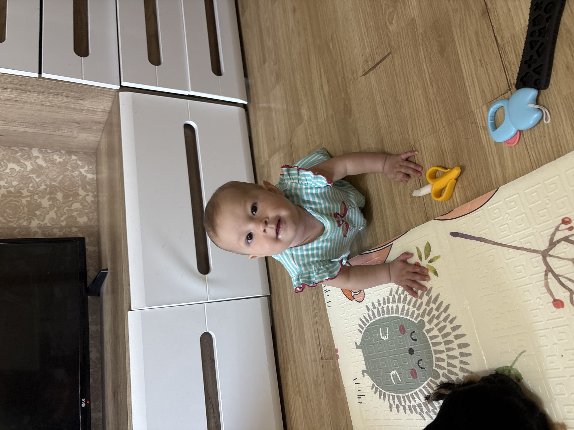 A baby is lying on a patterned play mat on a wooden floor next to white furniture. The baby is wearing a light blue and white striped shirt with ruffles. Next to the baby are toys, including a yellow banana teether and a blue toy. A black object is visible at the top of the image and black fur can be seen on the bottom right corner of the play mat. A television is visible on the left. The location is unknown, so city information cannot be provided.