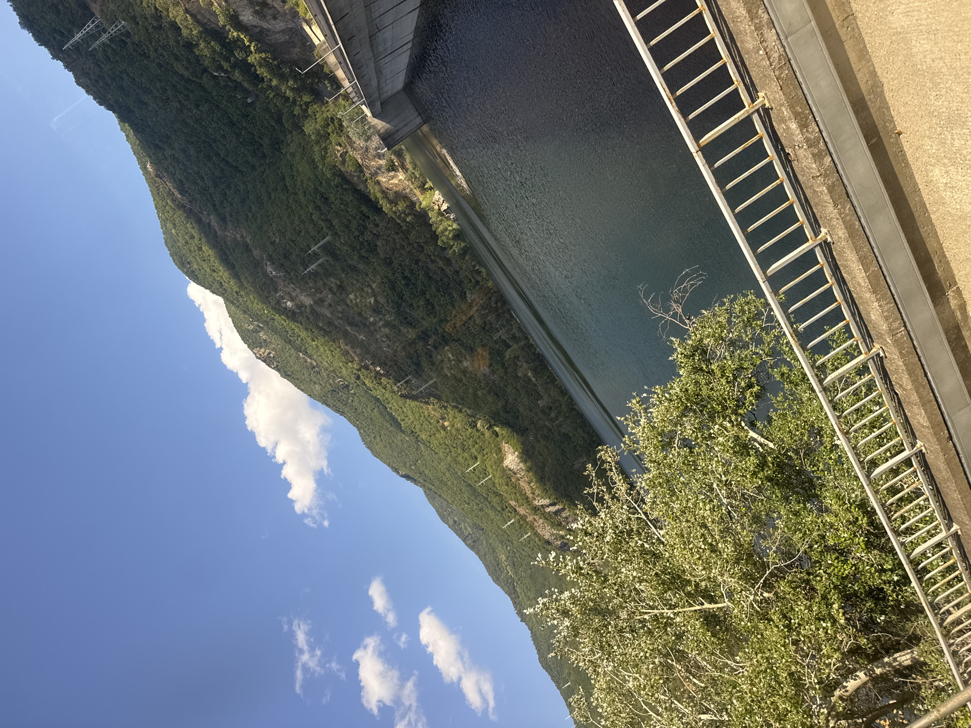 The image depicts a wide, artificial reservoir behind a concrete dam. The dam is a massive concrete structure with a slight incline. On the right side of the reservoir, a steep, tree-covered mountain slopes down towards the water. The sky is a clear blue with scattered white clouds. In the foreground, a white metal railing runs along a concrete walkway, with a lush green tree to the left. The scene appears to be located near Mihalkovo, Bulgaria, likely at the Mihalkovo Dam, given the landscape and presence of the dam structure. There are no people or animals visible in the image. The environment is natural and constructed, with the reservoir and dam contrasting with the wild mountain.