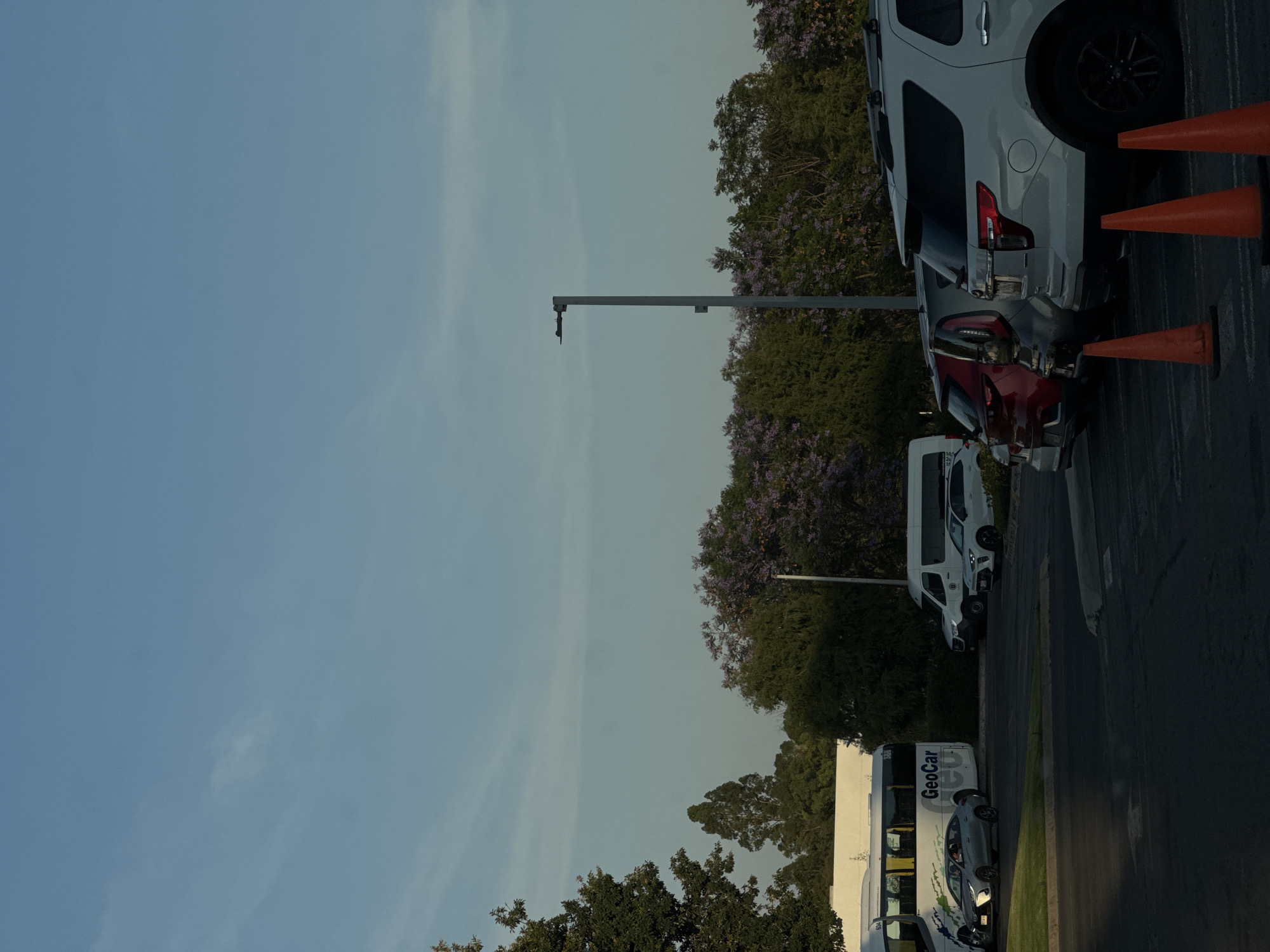 This image captures an outdoor scene, likely a parking lot or a roadside area, with several vehicles parked beneath a clear, light blue sky. In the foreground and midground on the right, a white SUV is prominently displayed from its rear perspective, parked behind three orange traffic cones. Directly in front of the SUV is a red car. Further along the road, a white commercial van is parked. On the left side of the paved area, a large white bus is visible, with the brand name "GeoCar" written in blue letters on its side. A light-colored car is parked in front of the bus.
The scene is framed by a dense array of green trees, some of which are adorned with distinctive purple blossoms, characteristic of jacaranda trees. A tall, grey street lamp post extends over the parking area from the right. The ground is paved with asphalt, and a strip of green grass is visible between the pavement and the trees. The sky is largely clear with only very faint, diffuse cloud formations, suggesting a time of day with soft, natural light, possibly early morning or late afternoon. The setting appears calm and orderly, located in Puebla, Mexico.