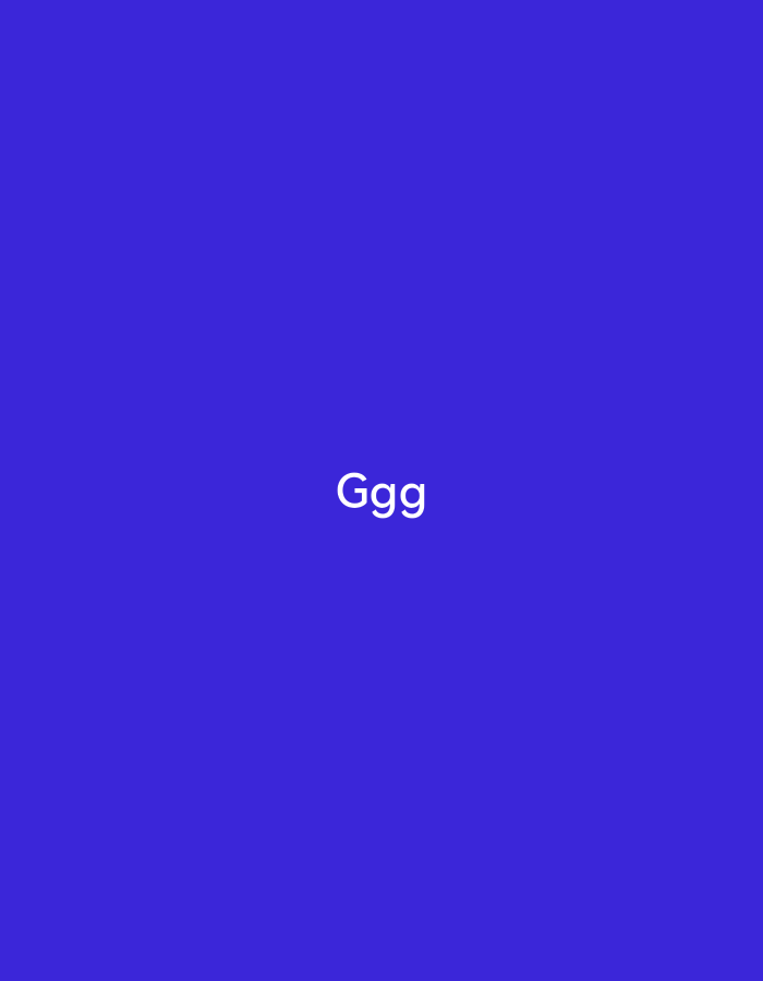 The image displays a solid, uniform royal blue background. Centered horizontally and vertically on this background is the text "Ggg", rendered in white sans-serif characters. The text consists of an uppercase 'G' followed by two lowercase 'g's. No other subjects, objects, people, or environmental elements are visible within the frame. This image is located in the city of Pokrovnik, Bulgaria.