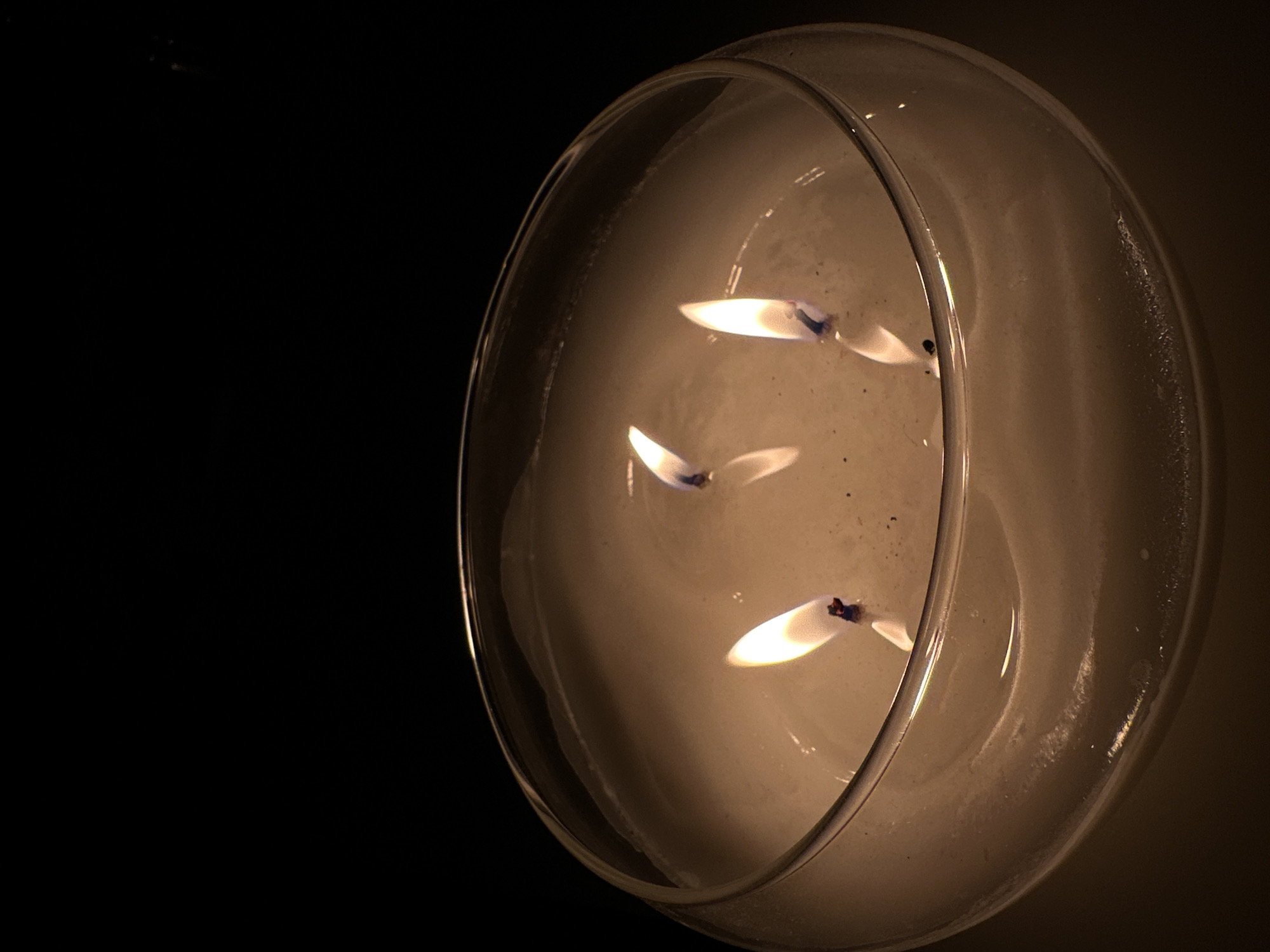 The image shows a close-up of a three-wick candle burning in a clear glass bowl. The candle is white and appears to be made of wax. The flames are a warm yellow and orange color, and they are casting a soft glow on the wax. The background is dark and out of focus. There is no indication of the location in the city of Rassokha, Russia.