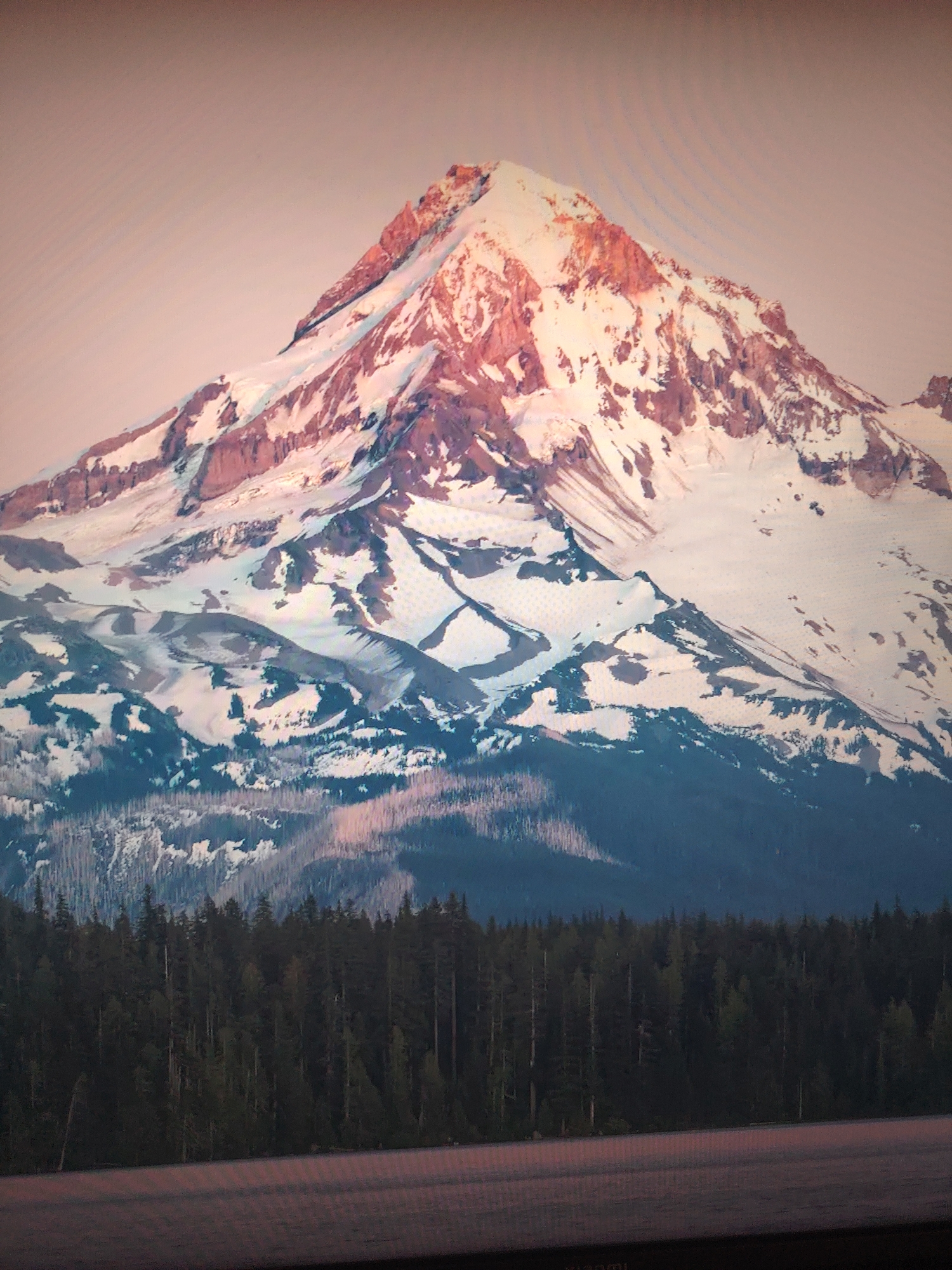 The image depicts a snow-capped mountain rising above a dense forest. The mountain has a reddish-orange hue at its peak, likely due to the setting or rising sun. Below the mountain, the landscape transitions from snow-covered slopes to a thick forest of evergreen trees. In the foreground, there appears to be a body of water reflecting the colors of the sky and surrounding landscape. The overall scene is a natural landscape dominated by the mountain and the forest. Location: Unknown, Unknown.