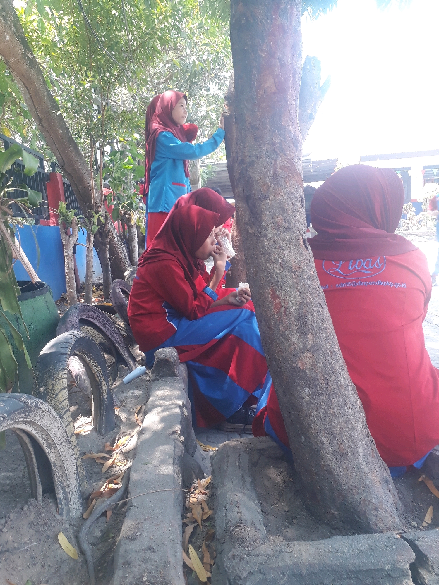 The image shows a group of three young females wearing red hijabs and red and blue uniforms, sitting outdoors near a tree. One female in the background is wearing a light blue jacket over her uniform and is reaching out with her right hand, possibly interacting with something on the tree. The other two females are in the foreground. The one on the left is looking down and appears to be holding a white object in her hands. The female on the right is facing away from the camera, and her uniform has the text "Luas" and an email address visible on the back. The environment appears to be an outdoor area with dirt, fallen leaves, and several discarded tires. In the background, there is a blue wall and some greenery. The image is taken during the day, with bright sunlight casting shadows. The location is identified as the city of Pangkalpinang, Indonesia.