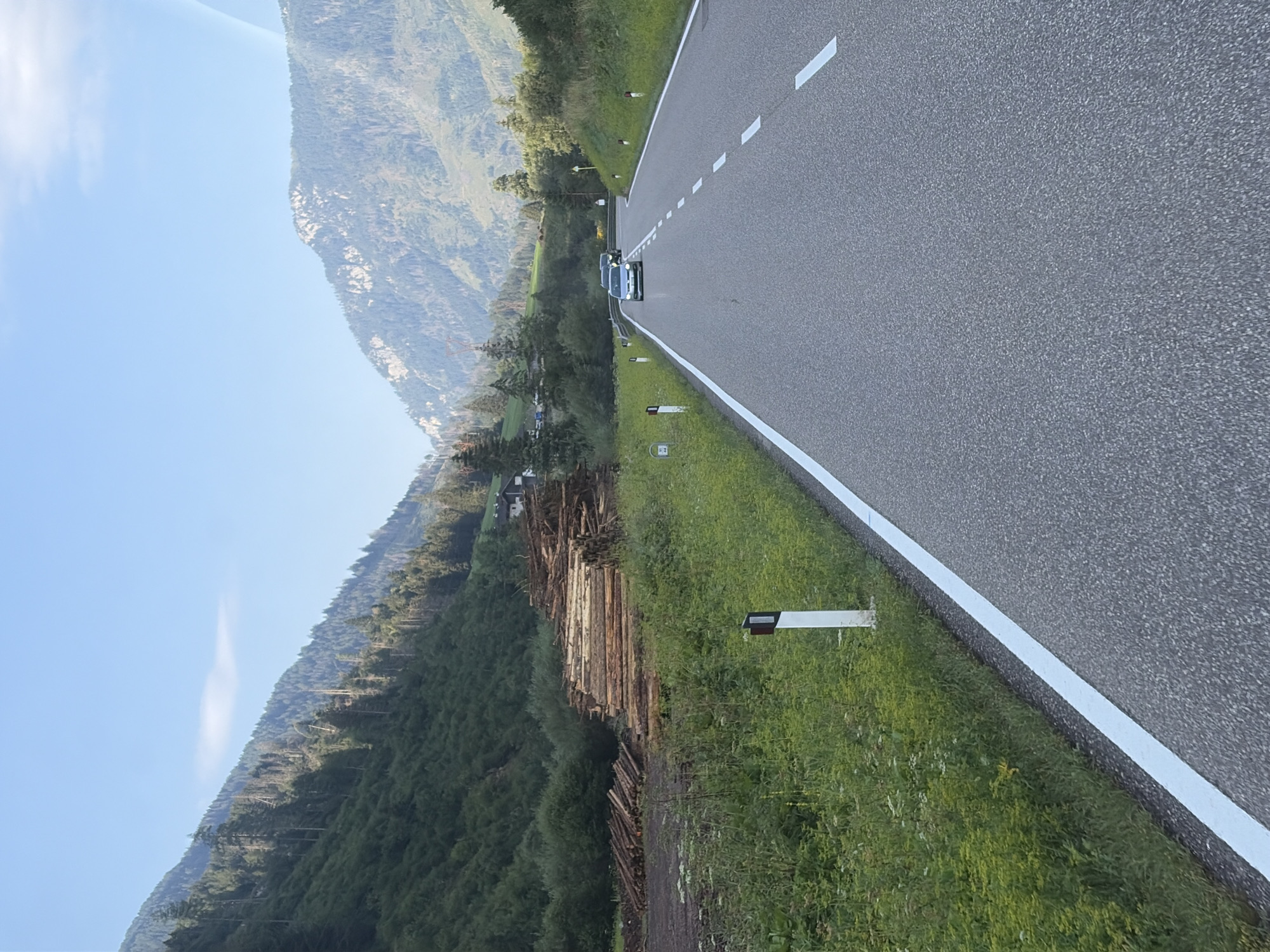 The image depicts a scenic mountain road in the municipality of Moena, Italy. The road, paved with asphalt, curves gently through a valley. Guard posts with reflective markers line the side of the road. On the left side, a steep, tree-covered mountain slopes upwards, with a large pile of cut logs stacked at its base. The right side of the road also features grassy slopes and trees, with more mountains visible in the distance under a clear blue sky. Several cars are traveling on the road, with one silver car in the foreground and two vehicles further ahead. The overall scene suggests a journey through a natural, mountainous landscape.