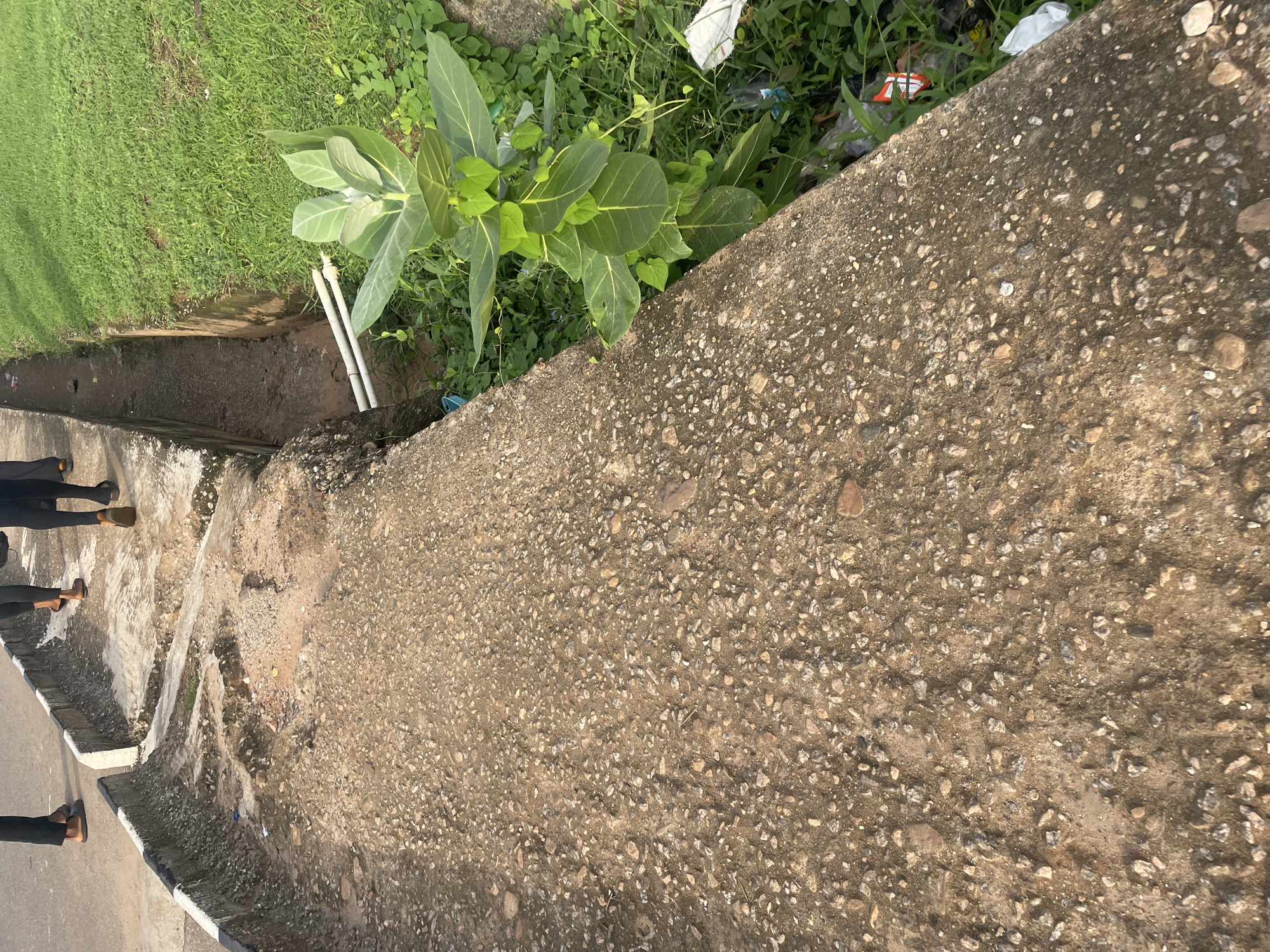 The image depicts a concrete pathway in Lokoja, Nigeria, with a drainage ditch running alongside it. Several individuals, their lower legs and feet visible, are walking on the pathway. The ditch contains some debris and two white pipes. Lush green grass borders the ditch on the right side of the image, with more vegetation and litter visible near the edge. The concrete pathway is textured with embedded stones and shows signs of wear. The overall scene suggests an outdoor urban environment.