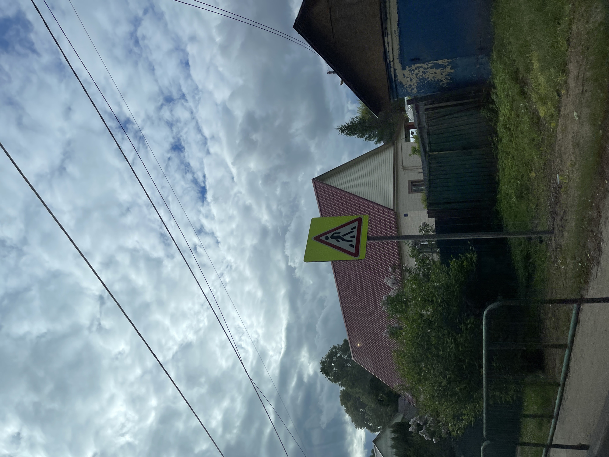 The photograph appears to be taken in Semyonovskoye, Russia. It shows a pedestrian crossing sign against a backdrop of a cloudy sky and houses. Power lines are visible in the foreground. There is vegetation and a fence on the right side of the image. The buildings have varied designs and colors. The overall impression is a quiet residential street scene.
