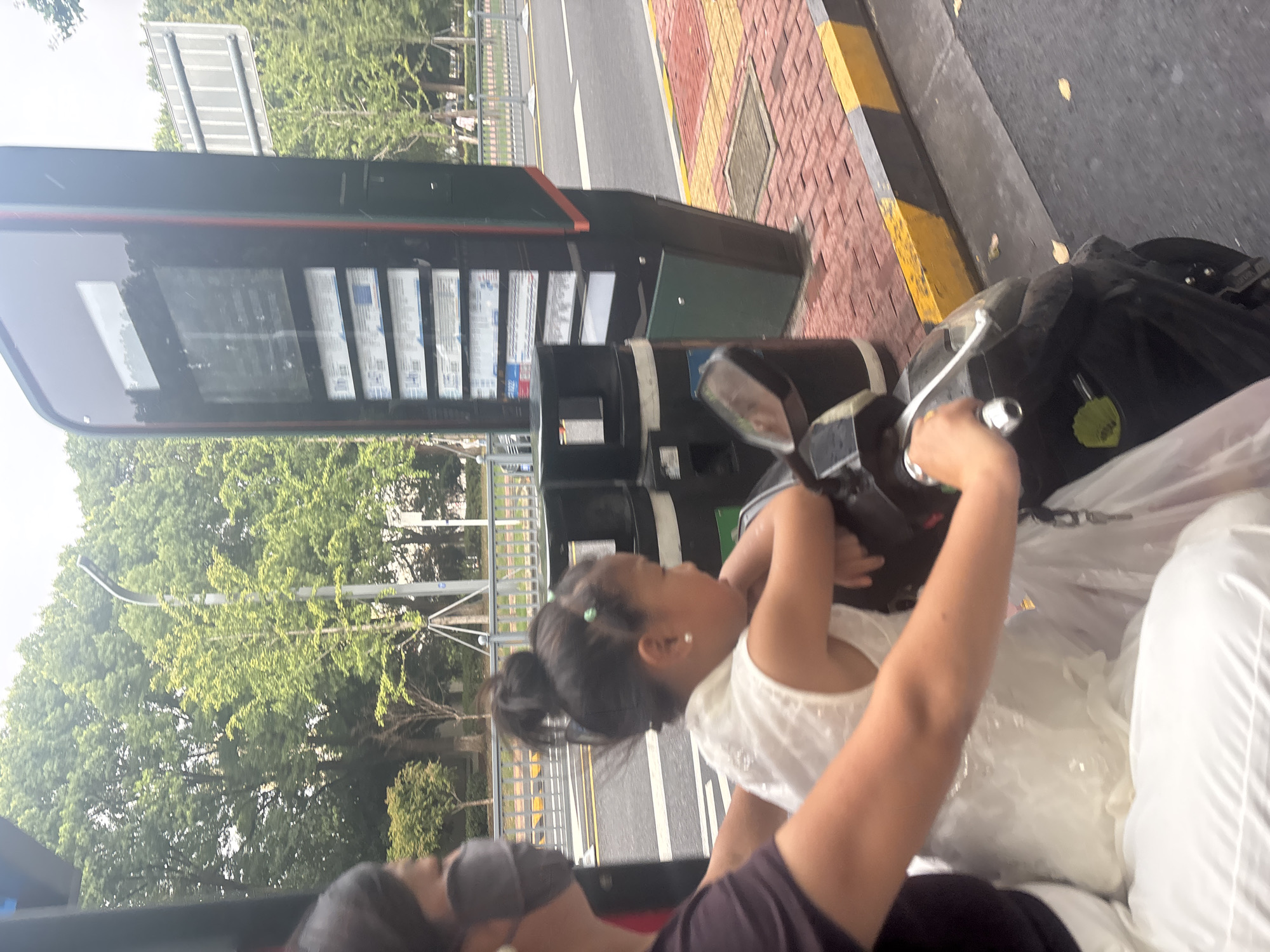 A woman, wearing a black face mask and a purple top, is riding a dark-colored scooter. She is seated in front, with her arms on the handlebars. Behind her, a young girl in a white dress is seated, looking to the right. The girl has her hair pulled up in a bun and is wearing earrings. The scooter appears to be moving, as indicated by the motion blur.
The scene is set in Suzhou Industrial Park, China. In the background, there are tall green trees and a street with a yellow and black striped curb. A dark, upright electronic display board with a red trim stands on the sidewalk, likely indicating bus schedules or other public information. Two dark cylindrical trash cans are positioned near the display board. The ground is paved with red bricks and a gray manhole cover is visible. The road is wet, suggesting recent rain or damp conditions. The overall lighting suggests an overcast day.