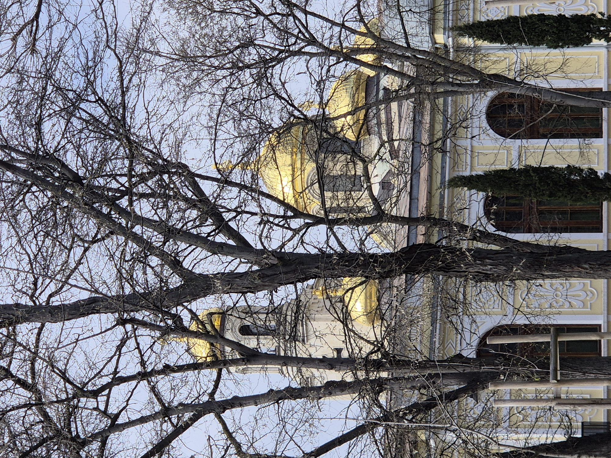 The image shows a view of the Dormition of the Mother of God Cathedral in Varna, Bulgaria, obscured by tree branches. The cathedral's golden dome and portions of its facade are visible through the bare branches of the trees. The building's architectural details, including arched windows and decorative elements, can be discerned. The sky is a light blue color. The photo is taken from a low angle, looking up at the building and trees.