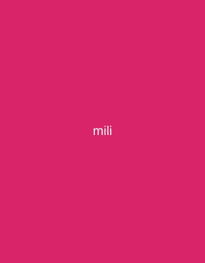 The image displays a solid, vibrant pink or fuchsia background, acting as a minimalist, monochromatic field. Centered within this field is the word "mili," written in white, lowercase, sans-serif typography. There are no other subjects, objects, or environmental elements present in the image. No activity or event is depicted. The graphic is abstract, providing no specific visual cues regarding time of day, weather, or emotions. Although the location context is given as Yerevan, Armenia, the image itself does not contain any visual information or hints to corroborate this location. The provided crops further confirm the color and text, illustrating the word "mili" from various perspectives as the original image is sectioned.