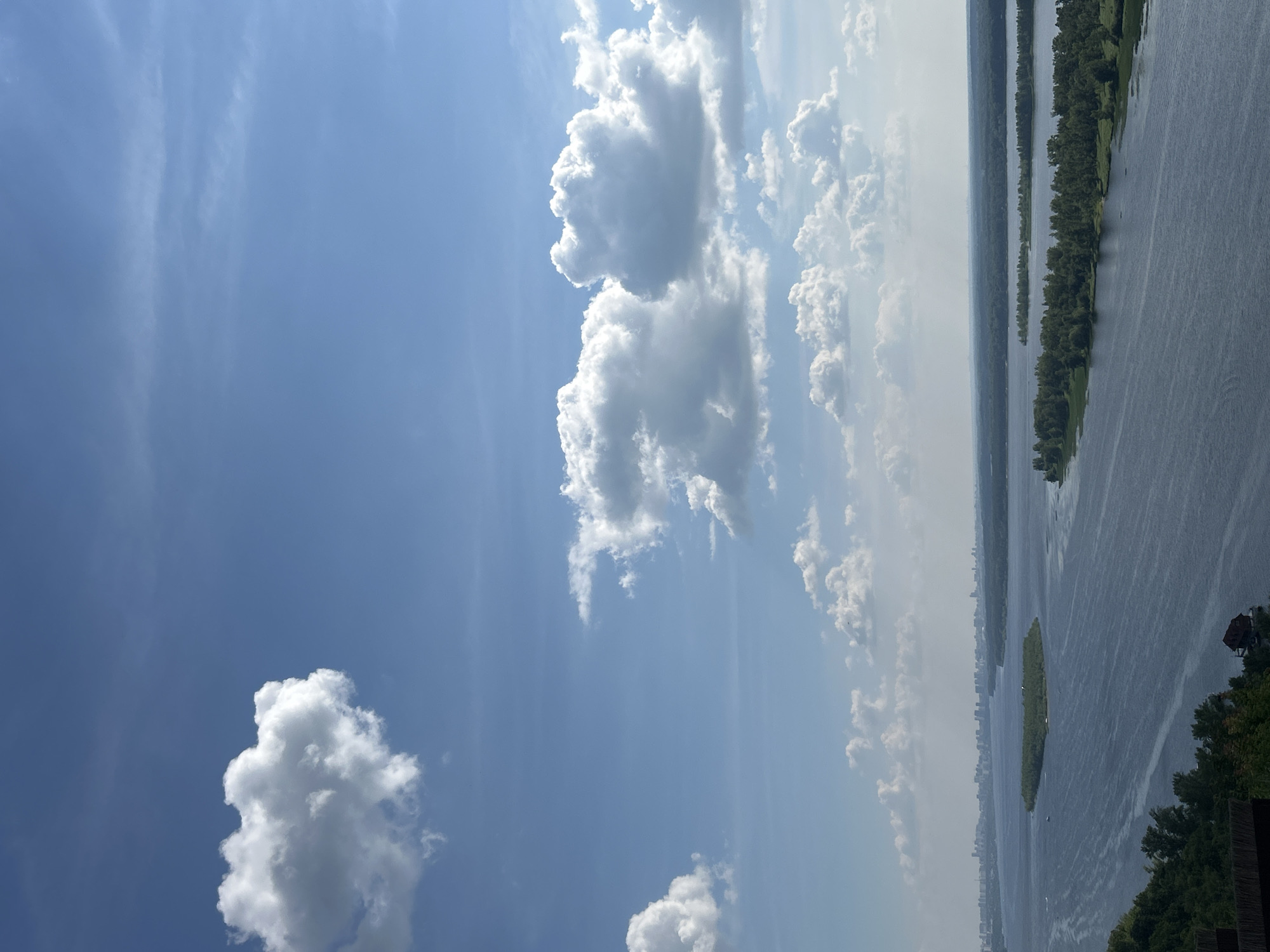 This image depicts a wide river with a city skyline visible in the distance across the water. In the foreground, lush green trees line the riverbank, and a small island covered in vegetation is situated in the middle of the river. The sky is a clear blue, dotted with fluffy white clouds. There are no people or animals visible in the image. The scene appears to be a panoramic view of a natural landscape with a distant urban environment. The location is described as the city of Novokuybyshevsk, Russia.