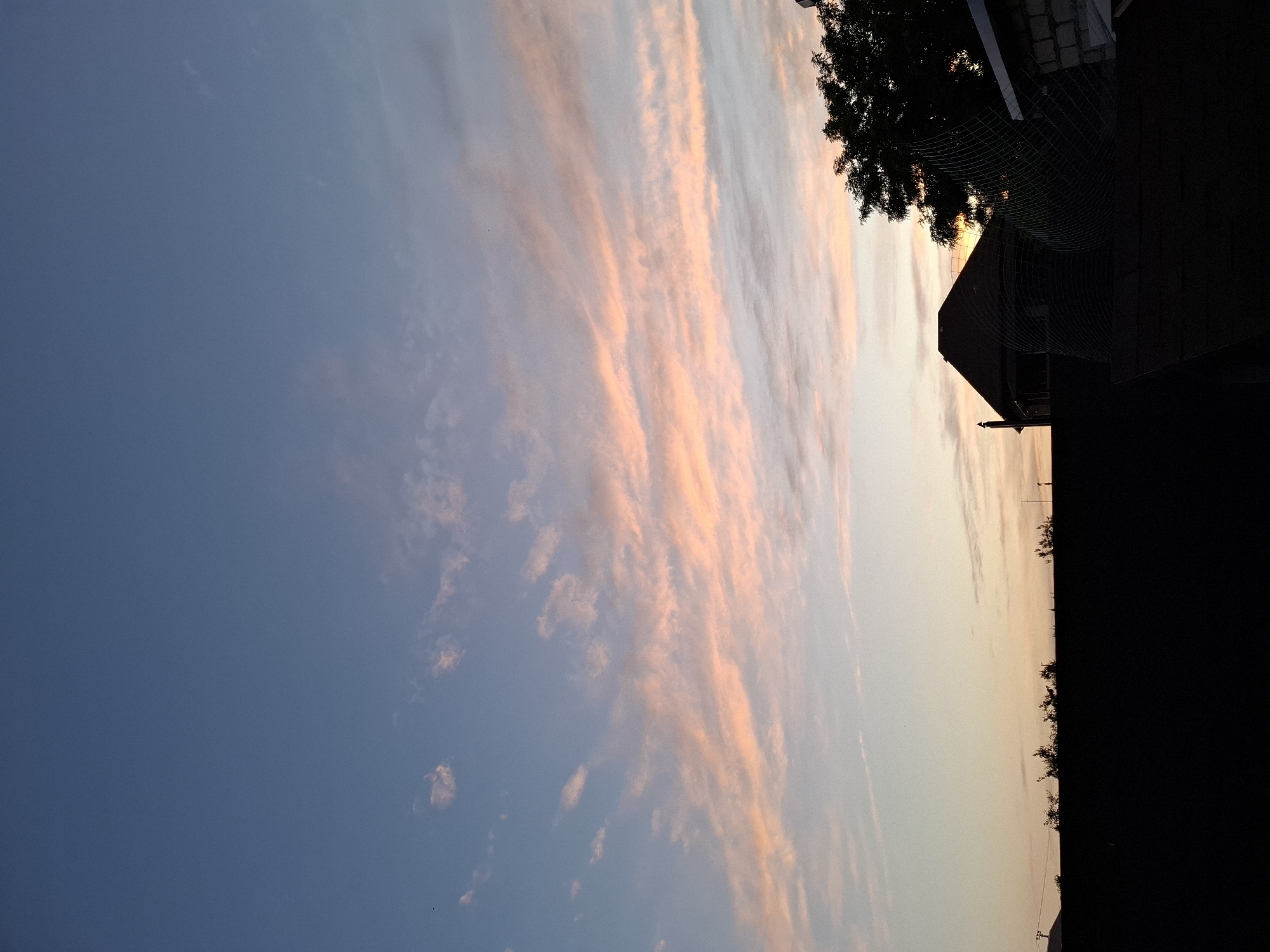 A low-angle shot captures a dusky sky over Korenovsk, Russia. The sky transitions from a deep blue at the top to a lighter hue near the horizon, with wispy clouds painted in shades of pale pink and orange. Silhouetted against this twilight sky are the dark rooftops of houses, a tall evergreen tree, and a brick structure with a white roof. A mesh-like netting, possibly for protection or decoration, is draped over some of the structures, adding an unusual texture to the scene. The overall impression is one of a quiet evening settling over the urban landscape.