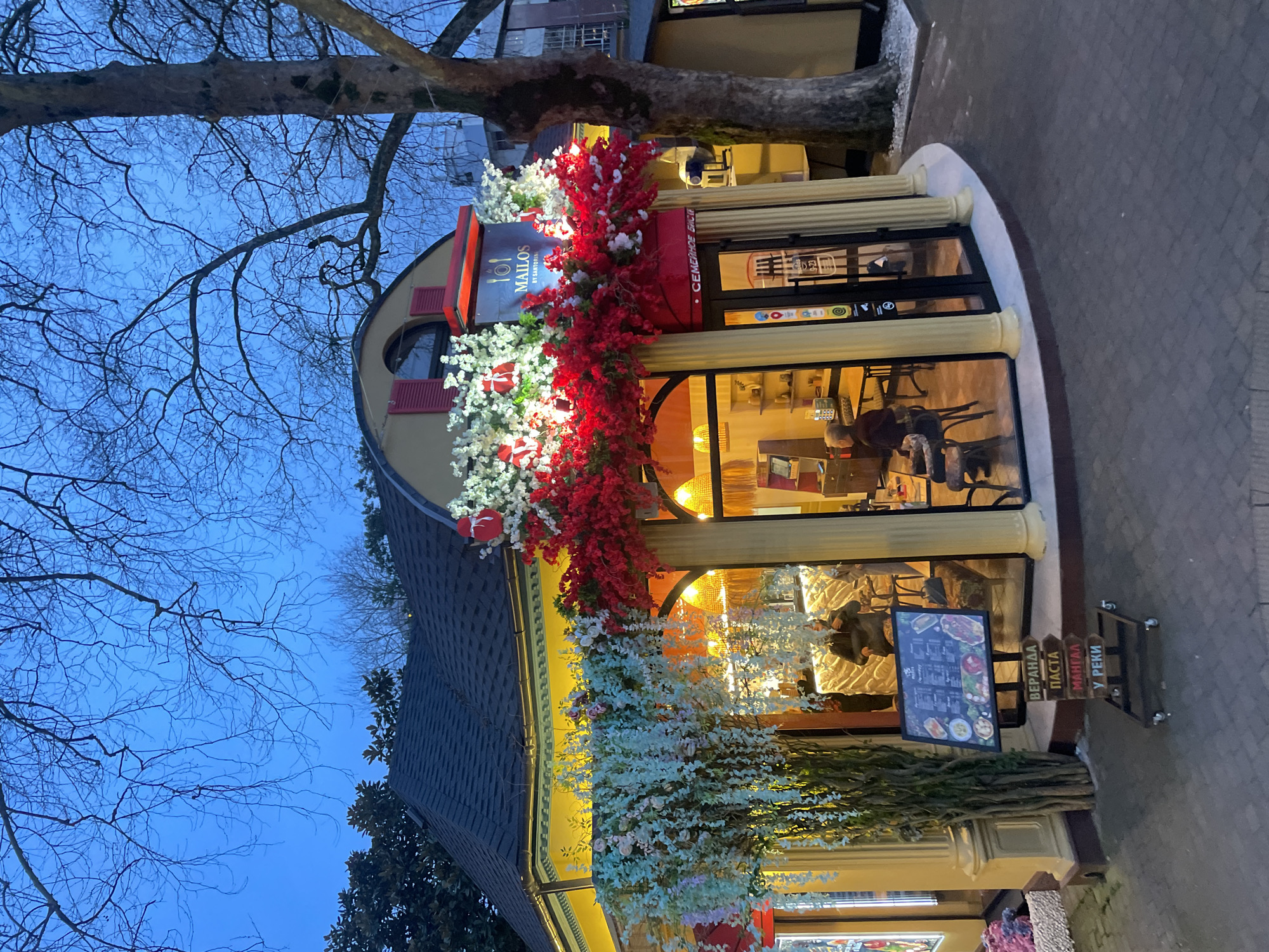 The image shows the exterior of a restaurant called "Marlos by Sartoria". The facade is decorated with red and white floral arrangements. The building has a curved front with a large window showing the interior with tables and chairs. A sign near the entrance lists menu items in Russian: "VERANDA", "PASTA", "MANGAL", and "U REKI" (By the River). A tree with bare branches is visible above the building. The photo was taken in the city of Sochi, Russia.