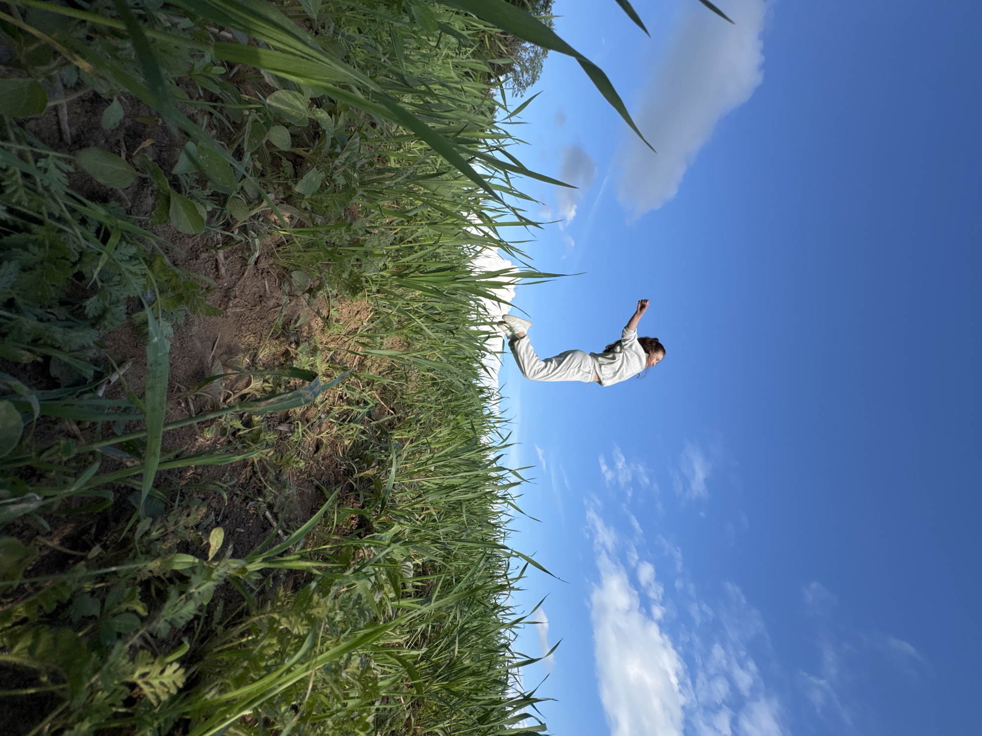 A low-angle, full shot captures a young female jumping in a grassy field under a bright blue sky with scattered clouds. She is wearing a light gray tracksuit and white sneakers. Her body is mid-air, with her arms outstretched and her legs bent. The field is lush with green grass and some brown earth is visible. In the background, a few trees are silhouetted against the sky. The scene appears to be in an outdoor, rural setting.