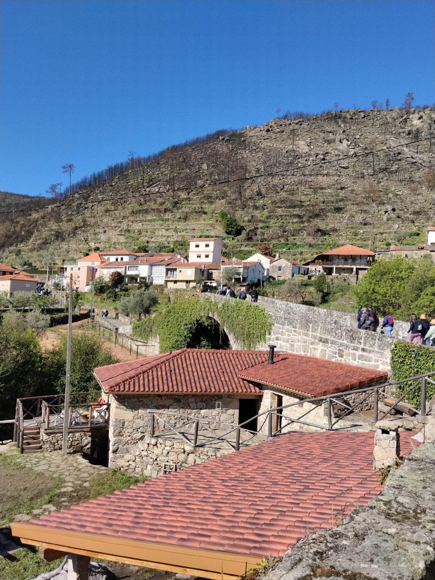 The image presents a daytime view of a section of the city of Tarouca in Portugal. The scene is dominated by a hillside behind a village. The hillside has evidence of a recent fire, as indicated by the charred remains of trees and the darkened, rocky terrain.
In the foreground, there are multiple buildings, constructed primarily of stone, and featuring roofs covered with reddish-brown terracotta tiles. Wooden railings and a small wooden staircase are visible leading to an elevated deck area.
A stone bridge spans the village, with people walking across it. The bridge is covered with vegetation. The sky is a clear, deep blue.