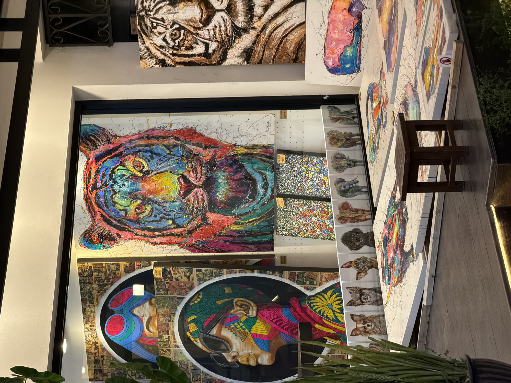 The image depicts an outdoor art exhibition in Baan Bo Phut, Thailand. A variety of paintings are displayed on a wooden deck in front of a building with large windows. In the foreground, several large, abstract paintings are laid flat, some at an angle, showcasing vibrant colors and energetic brushstrokes. To the left, a potted plant with long, green leaves stands in a dark pot.
Behind the flat paintings, a row of smaller, framed portraits of various dog breeds are displayed. Further back, a large, colorful, abstract painting of a tiger's face dominates the center of the display. To its right, another painting features a detailed close-up of a tiger's face. On the far left, a large circular portrait of a person with sunglasses and vibrantly colored facial markings is displayed, surrounded by what appears to be comic book panels. Two smaller, square paintings with dense floral patterns are visible between the tiger paintings.
A small, dark wooden stool is positioned in the middle of the deck, in front of the flat paintings. Wooden planks are visible supporting some of the canvases and creating a barrier. The background shows the exterior of a building with a window, and a black metal decorative grate is visible on the upper right. The lighting suggests it is daytime, with some artificial lighting visible along the edge of the deck. No people are visible in the scene.