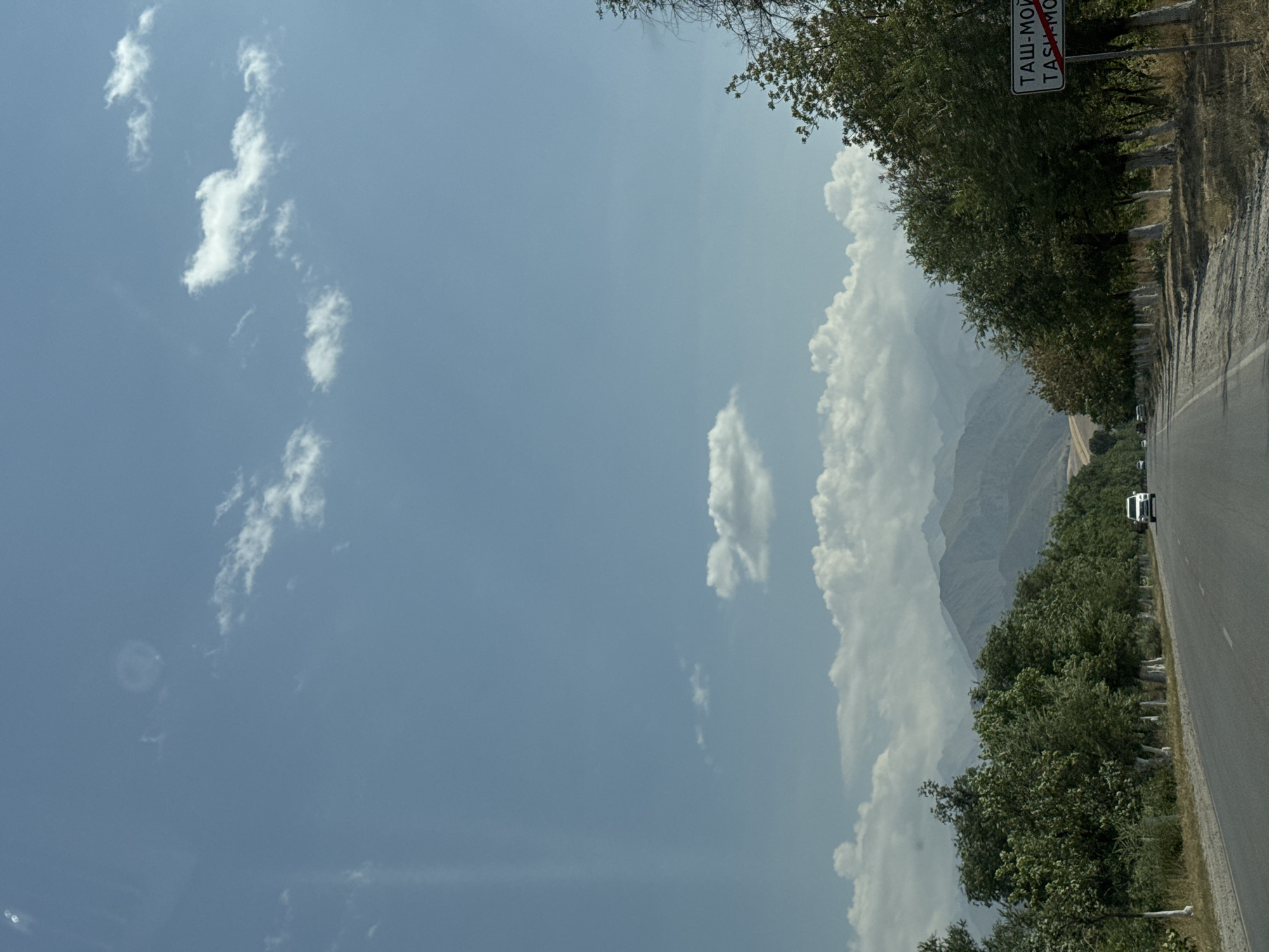 An asphalt road curves to the left, bordered by a line of trees on either side. The trees have white-painted trunks and lush green foliage. In the distance, the road leads towards hazy, layered mountains under a blue sky dotted with scattered white clouds. A white SUV is visible on the road, and another vehicle is further ahead. On the right side of the road, a signpost displays text in Cyrillic and Latin scripts. The lower part of the sign has a red diagonal line crossing out the Latin text, which reads "TASH-MOINOK". The scene appears to be a rural or roadside environment in Kyrgyzstan.