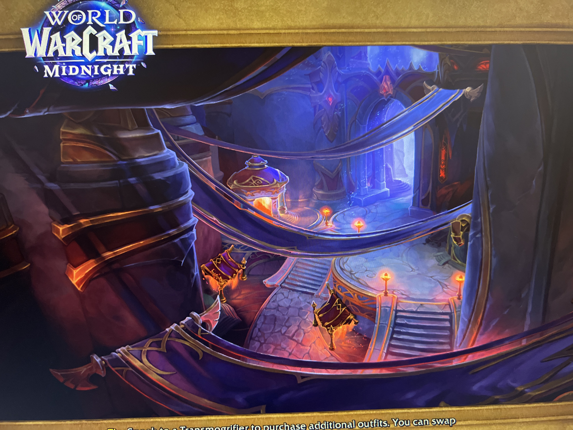 The image shows a loading screen from the video game "World of Warcraft: Midnight." The scene depicts a stylized, fantasy architecture, featuring draping blue and purple fabrics, stone floors, and illuminated braziers. The architectural style is ornate with elevated platforms connected by stairs. A glowing blue light source emanates from the background. There are no people visible. The location is not in Sofia, Bulgaria but is a fictional setting within the video game.