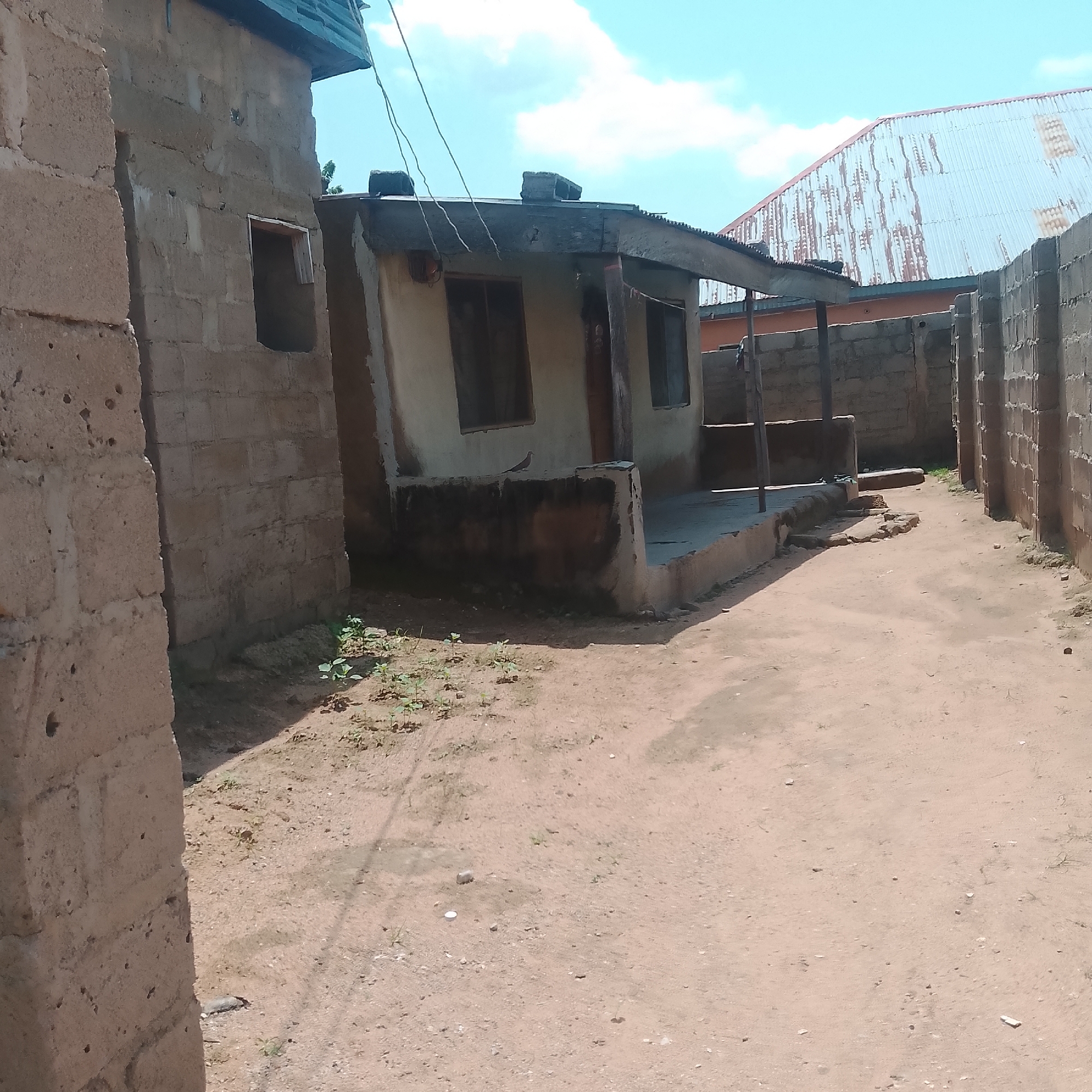 The image shows an outdoor scene in Jalingo, Nigeria, featuring a dirt path leading between two buildings constructed from concrete blocks. The building on the left is partially visible and appears to be made of rough, unplastered blocks with a protruding upper section. The building on the right is a single-story structure with a weathered, corrugated metal roof. It has a veranda with a concrete floor, supported by wooden posts and low walls. The front of this building has at least two windows and a doorway. A bird is perched on the veranda wall. The ground is covered in light brown dirt with scattered pebbles and some sparse green vegetation. In the background, a larger building with a corrugated metal roof, showing signs of rust and wear, is visible. The sky is blue with scattered white clouds. The overall impression is of a somewhat dilapidated urban or semi-urban environment.