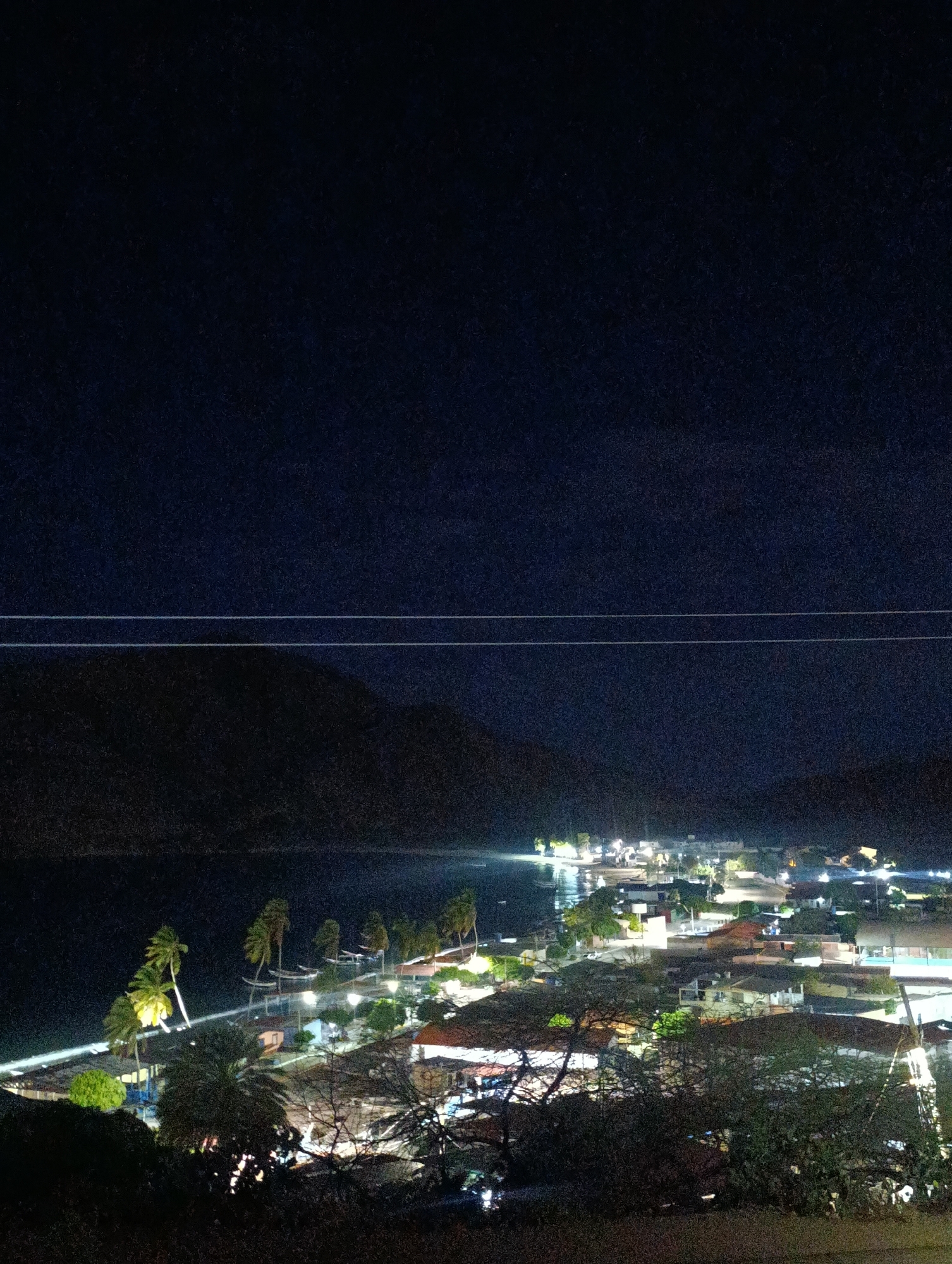The image shows a night scene in Juan Griego, Venezuela. In the foreground is vegetation. In the midground is a coastal area with palm trees and buildings illuminated by streetlights. The background features dark hills and a dark night sky with horizontal lines. The overall scene depicts a night view of the city from an elevated perspective.