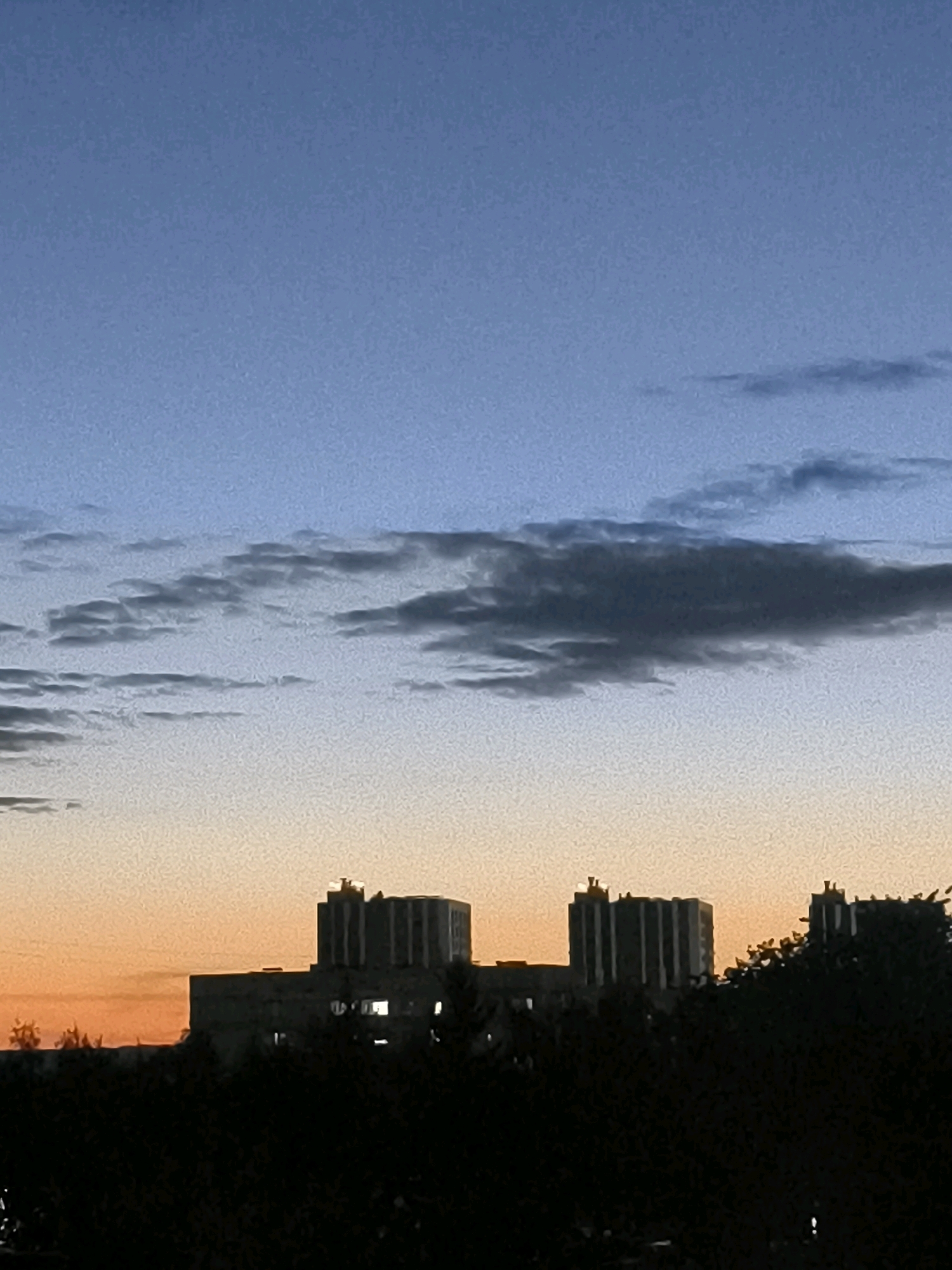 A wide shot captures the twilight sky over Nizhnekamsk, Russia. The upper portion of the image is a clear, deep blue, transitioning to a soft orange hue near the horizon. Scattered, dark gray clouds are visible in the mid-sky. Silhouetted against the orange sky are several tall, blocky buildings, characteristic of Soviet-era architecture, with some windows illuminated. In the foreground, the dark, dense silhouette of trees obscures the lower part of the scene, suggesting a view from a residential area or park. The overall atmosphere is calm and serene, typical of early evening in an urban setting.