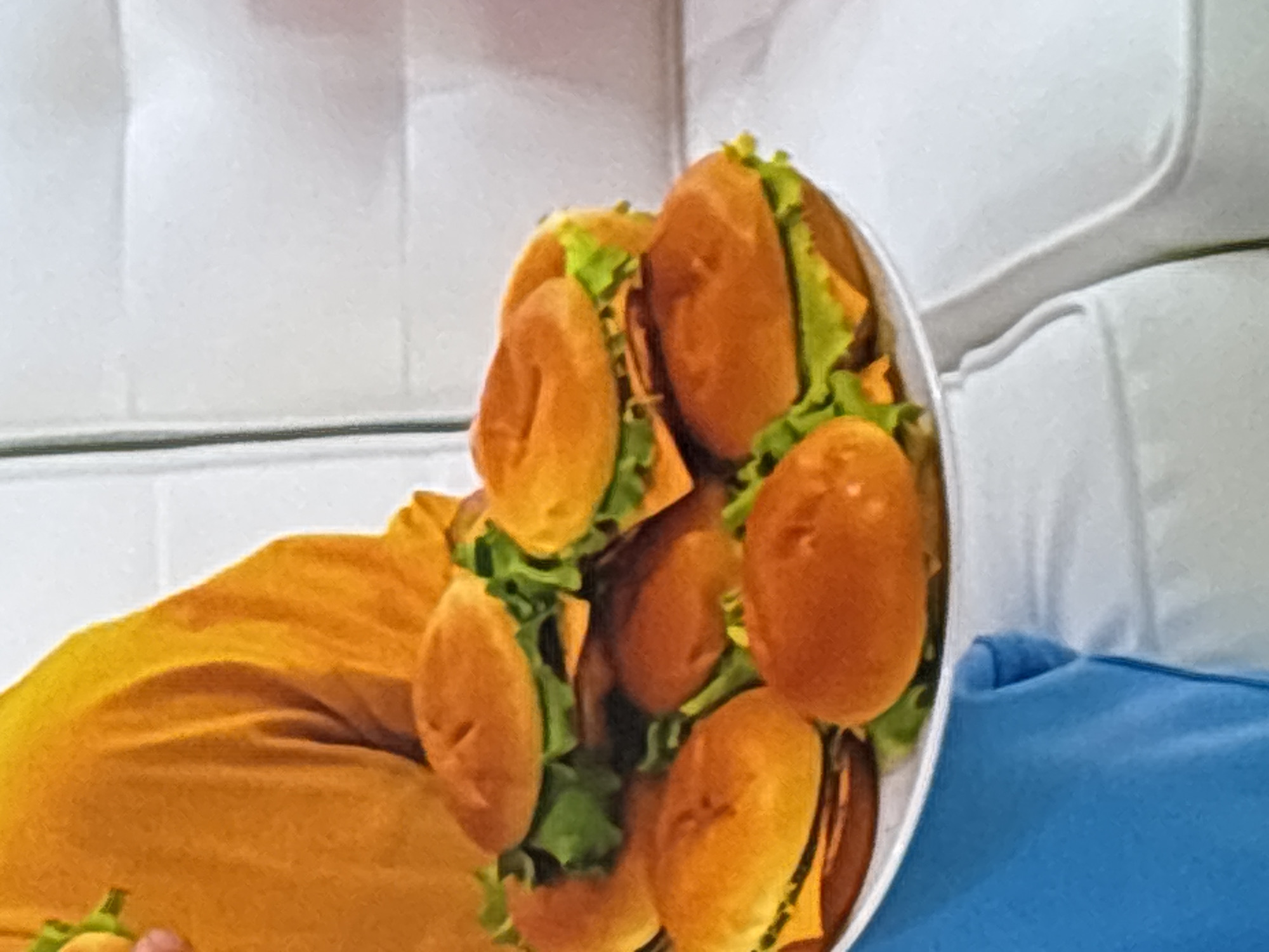 A close-up, waist-up shot shows a person wearing an orange top and a blue sleeve holding a white plate piled high with sliders. The sliders are on golden-brown buns, with green lettuce and a slice of yellow cheese visible in some. The background is a softly lit, textured white surface, possibly a sofa or wall. The image is taken indoors. There is no indication of the location being Dubai, United Arab Emirates.