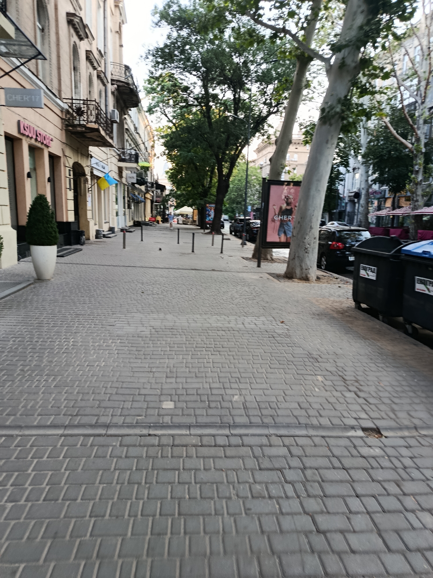 The image shows a sidewalk in an urban environment, paved with gray rectangular bricks. On the left side of the sidewalk are the facades of buildings with shops and balconies. One of the shops has a sign that reads "KSUU STORE" and another "CHER'17". There is a tall, conical green bush in a white planter. Further down the sidewalk, there are several black metal bollards. On the right side of the sidewalk, there are large black trash bins. Behind the trash bins, parked cars are visible, and further down, awnings of establishments can be seen. Trees with large trunks and green foliage line the street. A billboard with a picture of a person is placed near one of the trees. The sky is overcast.