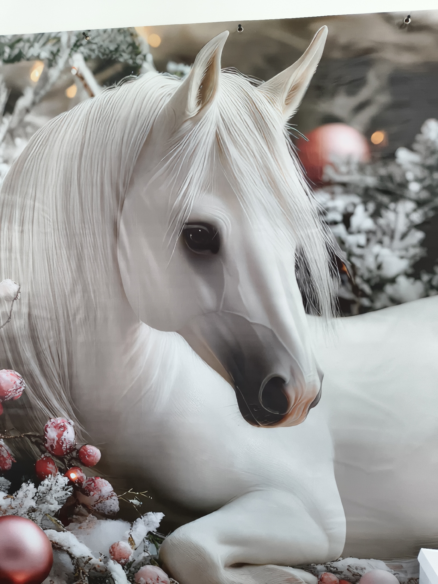 This is a detailed, close-up, digitally rendered image of a white horse's head and upper body against a blurred winter-themed background. The horse has a long, flowing white mane and appears to be resting or lying down. Its eyes are dark and prominent. The background features elements of a winter scene, including snow-covered branches, red berries, and out-of-focus pink ornaments or Christmas baubles, as well as soft, glowing lights. The overall impression is one of a serene and elegant, perhaps festive, portrayal of the animal. The image's location is unknown.