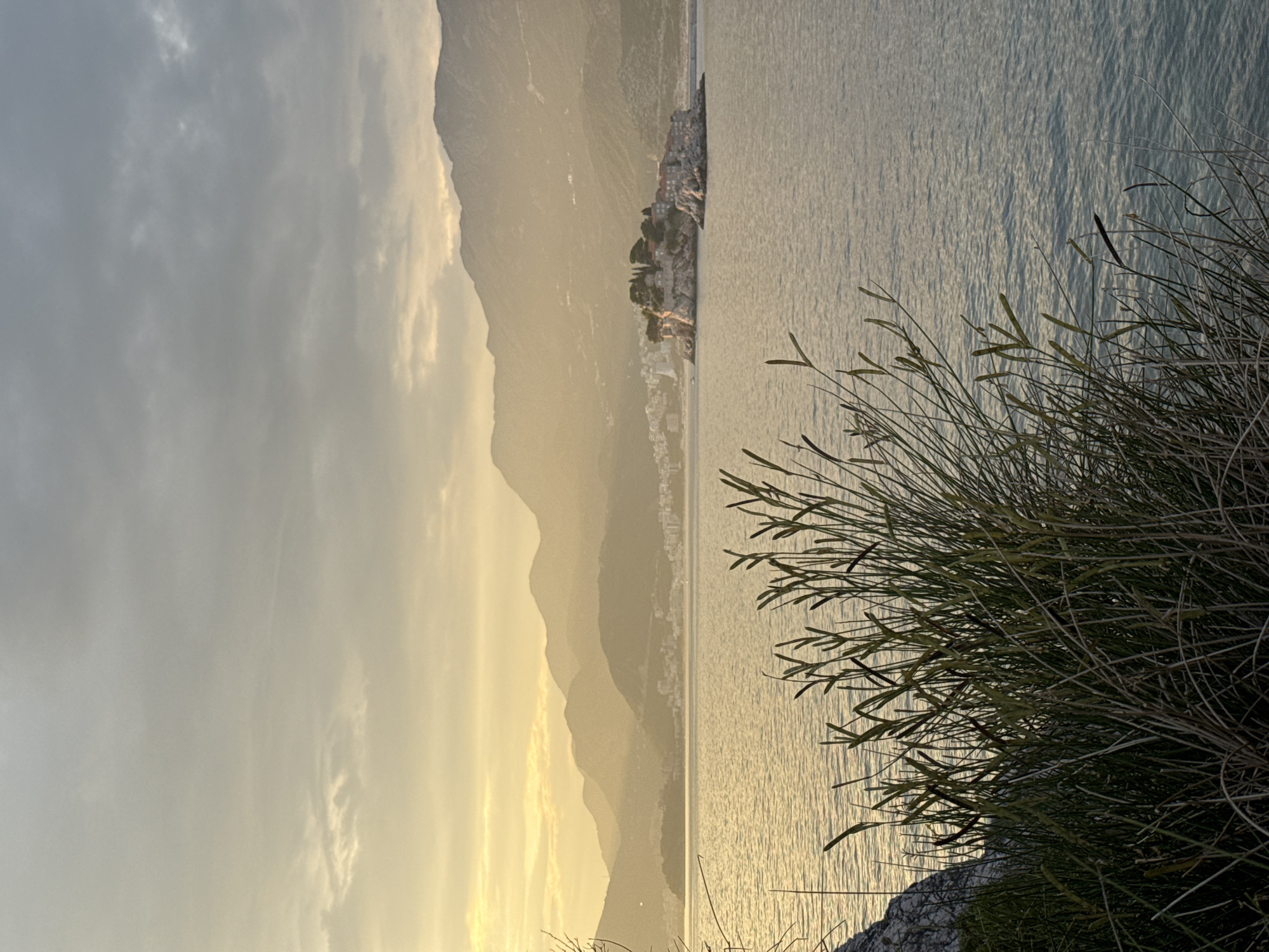 This media file depicts a picturesque coastal landscape in Sveti Stefan, Montenegro, likely during sunset due to the warm, golden light casting a serene glow over the scene. The image is oriented vertically.
The primary subjects are a body of water, possibly the Adriatic Sea, reflecting the soft light, and a dramatic mountainous backdrop that fades into the hazy distance. In the mid-ground, a small, rocky island, Sveti Stefan itself, is visible, adorned with buildings and greenery, connected to the mainland by a causeway. The foreground is dominated by the silhouette of dry, wispy vegetation, adding a natural, textural element to the composition.
The time of day is clearly late afternoon or early evening, with the low sun creating long shadows and a luminous atmosphere. The sky is a mix of soft clouds and clear sky, suggesting fair weather. The overall mood is tranquil and contemplative, evoking a sense of natural beauty and peacefulness. No text is visible in the image.