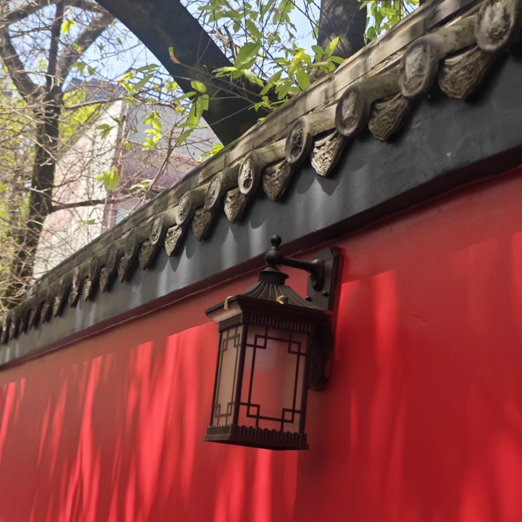 A close-up shot captures a section of a red wall in Yuzhong District, China. Affixed to the wall is a dark-colored lantern-style light fixture. The top of the wall features decorative grey roof tiles, and tree branches with foliage are visible above. Linear shadows are cast onto the red wall, likely from foliage. A blurred building can be seen in the upper-left background.