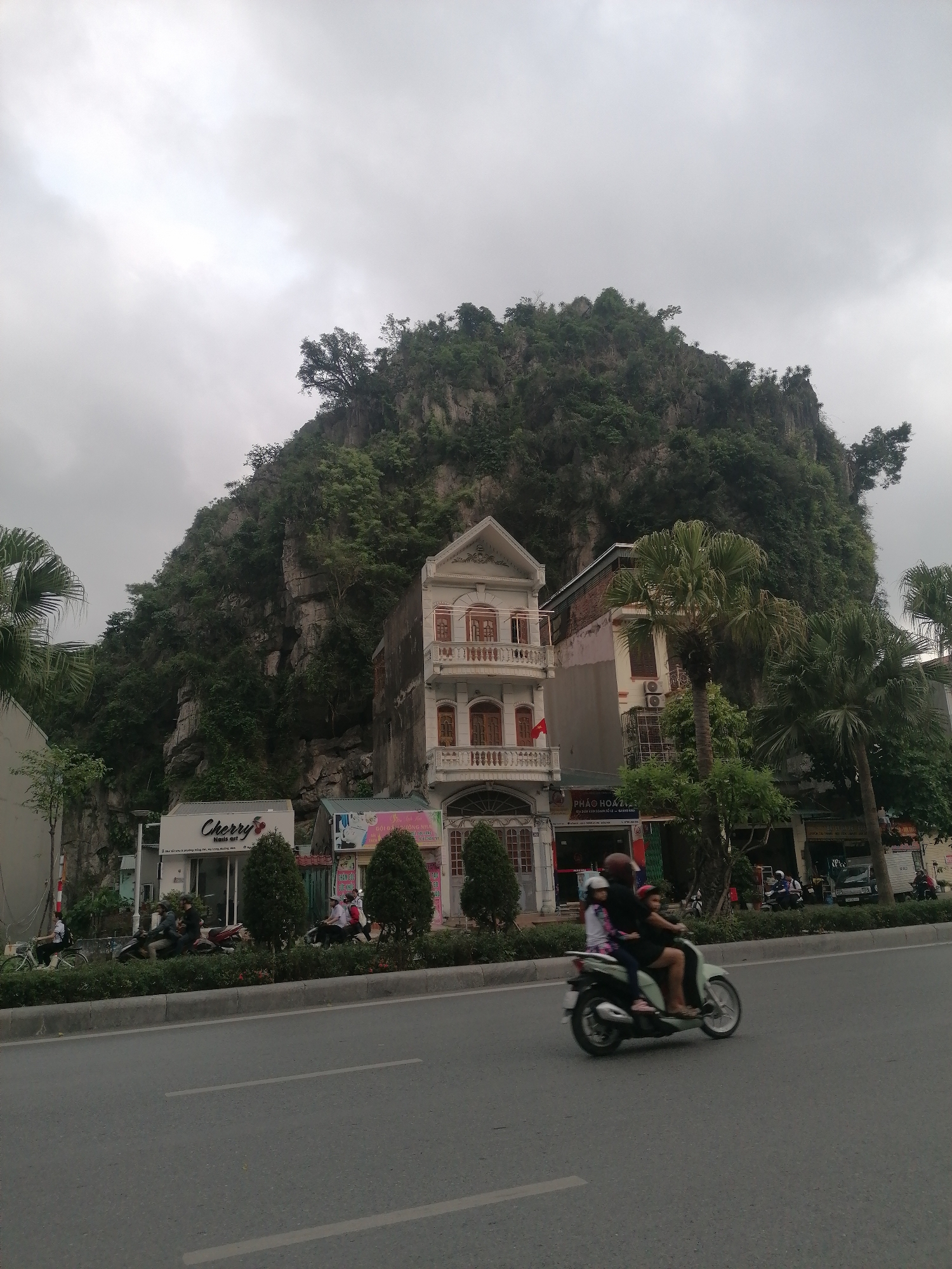 The image captures a dynamic street scene in Ha Long Ward, Vietnam, set against the dramatic backdrop of a towering, green-covered limestone karstic hill under an overcast sky.
In the foreground, a multi-lane asphalt road stretches horizontally, with a raised median strip featuring neatly trimmed green bushes. Several motorbikes are present on the road and parked along the curb. Most prominently, a light-colored scooter carries three individuals: an adult driver wearing a dark helmet and two children, one seated behind the driver and another in front, neither child wearing a helmet. They are in motion, traveling from right to left across the frame. A person on a bicycle is also visible near the sidewalk.
Along the base of the massive hill, a series of buildings line the street, showcasing local architecture and commerce. A striking, multi-story white building with an ornate, classical design features multiple balconies with intricate railings and arched windows. A small red Vietnamese flag is displayed on one of its balconies. To its left, a modern, white-fronted shop is visible with a prominent red sign that reads "Cherry's Nail Art." Another building to the right of the ornate structure bears a sign with the text "PHAO HOA" (Pháo Hoá), likely indicating a shop selling celebratory items.
The steep slopes of the limestone hill are densely covered in lush green foliage, with sections of exposed grey rock face. Tall palm trees and other tropical greenery are interspersed among the buildings and on the hillside, emphasizing the area's natural beauty. The overcast weather suggests a cloudy daytime scene, providing soft, diffused light across the urban landscape meeting the natural rock formation.