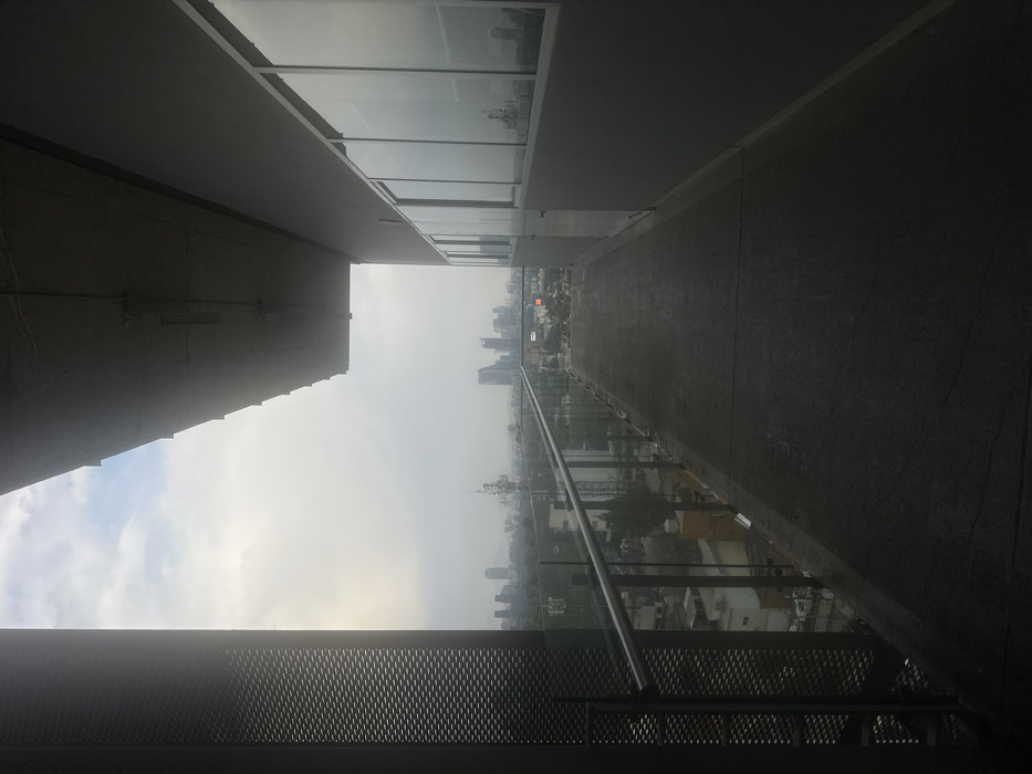 An elevated outdoor walkway or balcony is depicted overlooking a vast urban landscape under a cloudy, hazy sky in Mexico City, Mexico. The walkway occupies the lower half of the image, featuring a dark, textured pavement extending into the distance. To the left, a vertical dark grey structure with a perforated metal panel runs parallel to the walkway. A railing system consisting of horizontal silver metal bars and transparent glass panels separates the walkway from the city view on the left. To the right, a plain, dark grey building wall contains a series of reflective rectangular windows with light-colored frames, and a light-colored door is visible further down the wall. The background reveals a sprawling cityscape with numerous buildings of varying heights, including a cluster of modern skyscrapers dominating the distant skyline. Interspersed greenery and a communication tower are visible in the mid-distance. The scene is devoid of people or active subjects, illuminated by overcast natural light, contributing to a muted color palette.