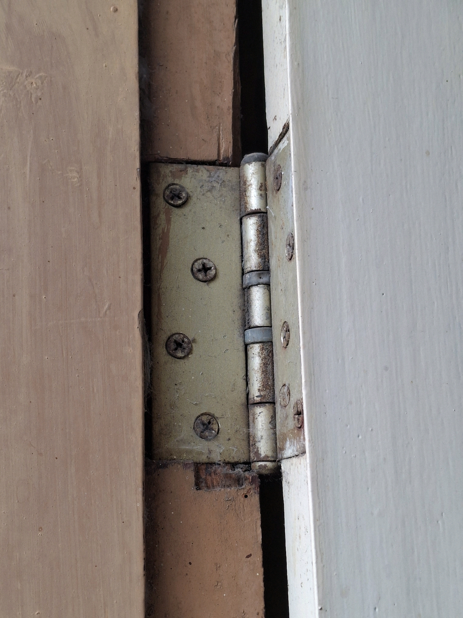 The image shows a close-up view of a door hinge connecting a light-colored door to a wooden doorframe. The hinge is made of metal, appears to be aged and has some rust spots. It is secured with screws. The doorframe is painted brown and shows signs of wear. The door itself is painted a lighter, creamy color and also exhibits some minor imperfections. The scene is lit, suggesting it's indoors or in a shaded outdoor area. There is no indication of the location being in Lumajang, Indonesia.
