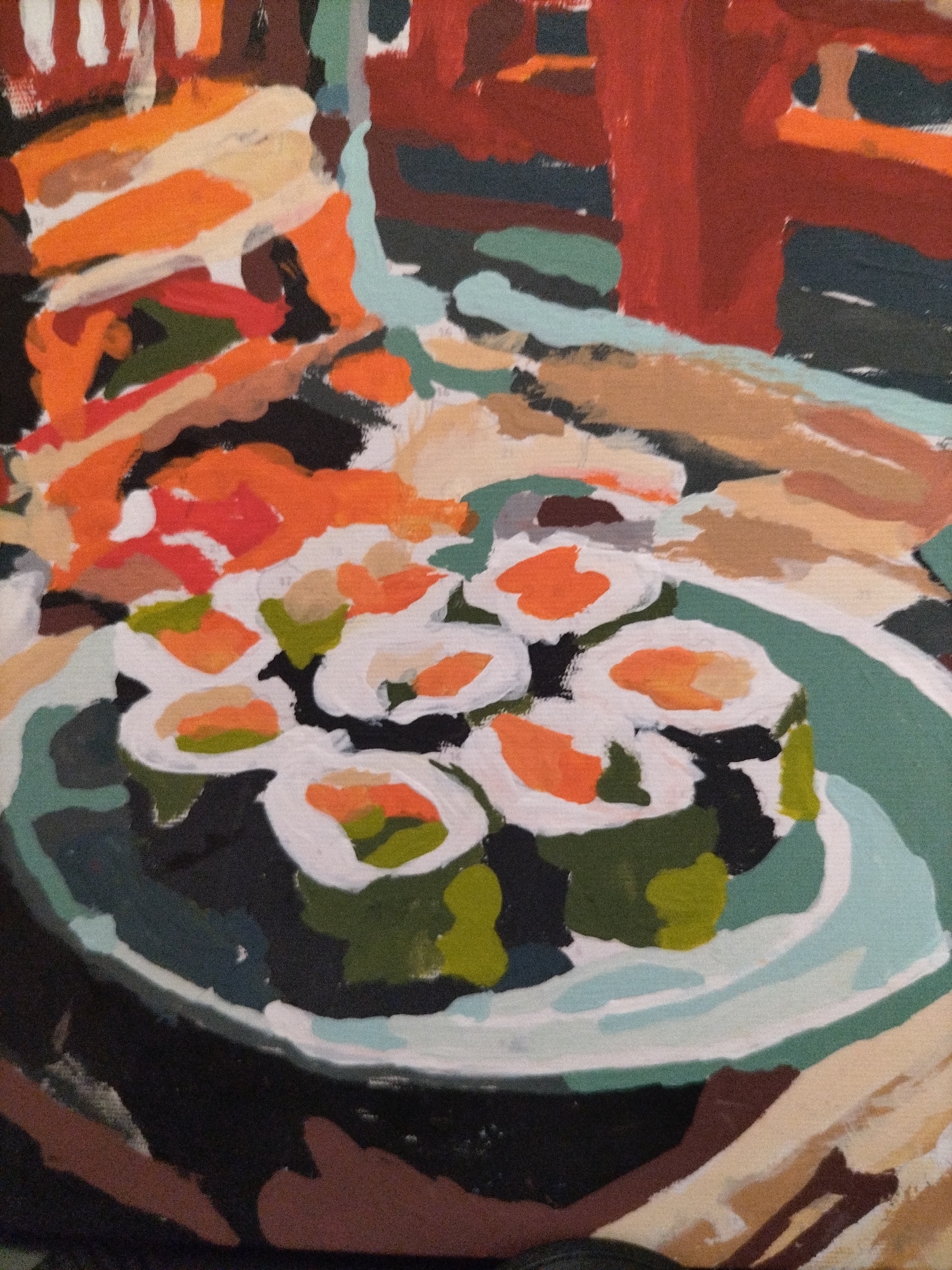 An abstract painting depicts a plate of sushi and other food items. The sushi rolls are arranged on a light blue plate and feature white rice, green seaweed, and orange and yellow fillings. Behind the plate, various abstract shapes in shades of orange, red, and brown suggest other food items. The background is a blur of colors, with hints of red structures that could be furniture or part of a building. The overall style is impressionistic, with broad brushstrokes and a focus on color and form rather than precise detail. The scene does not provide any specific information about a city or location.